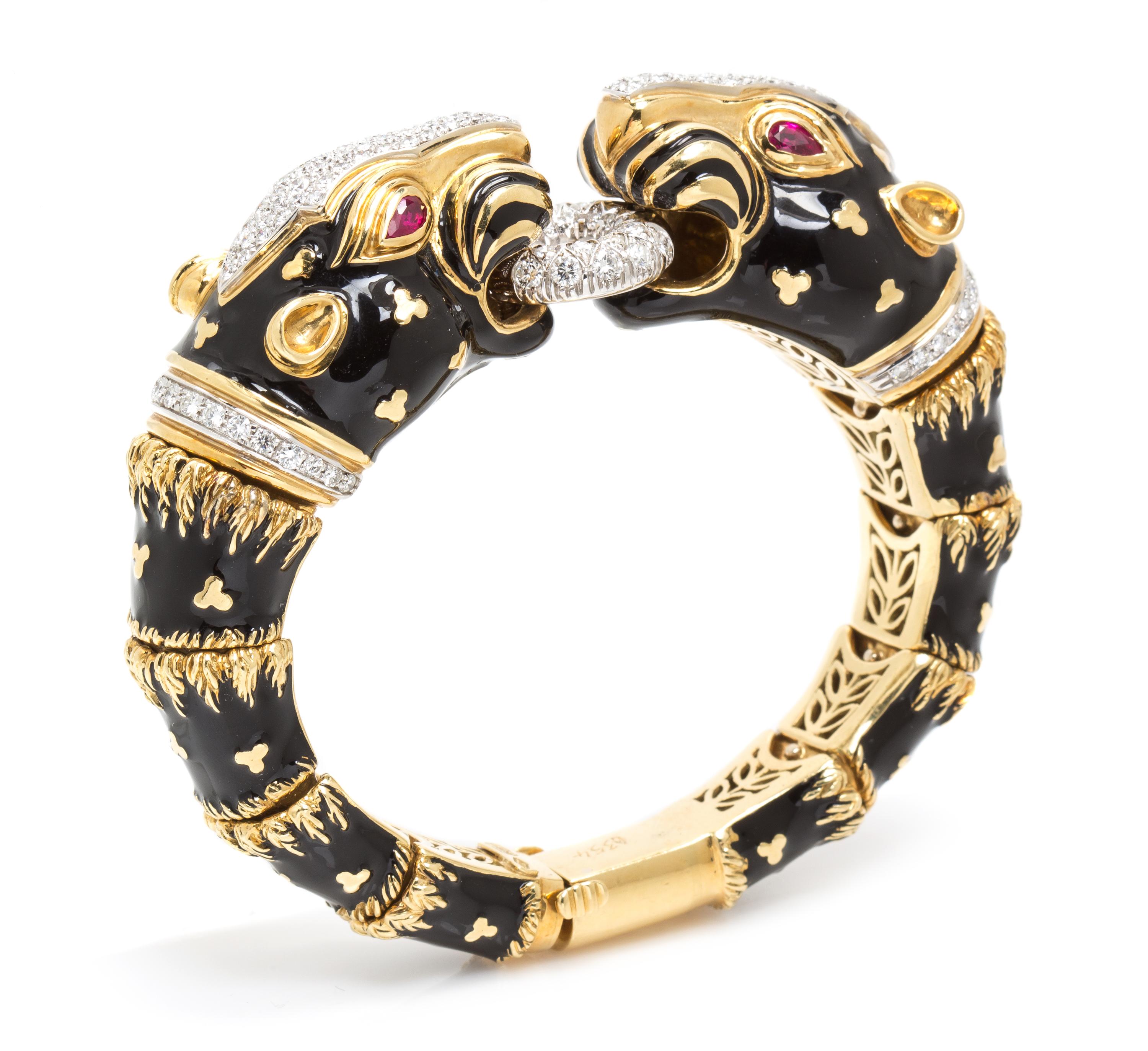 An 18 Karat Yellow Gold, Ruby, Diamond and Enamel Panther Bracelet, Wempe, 107.90 dwts.