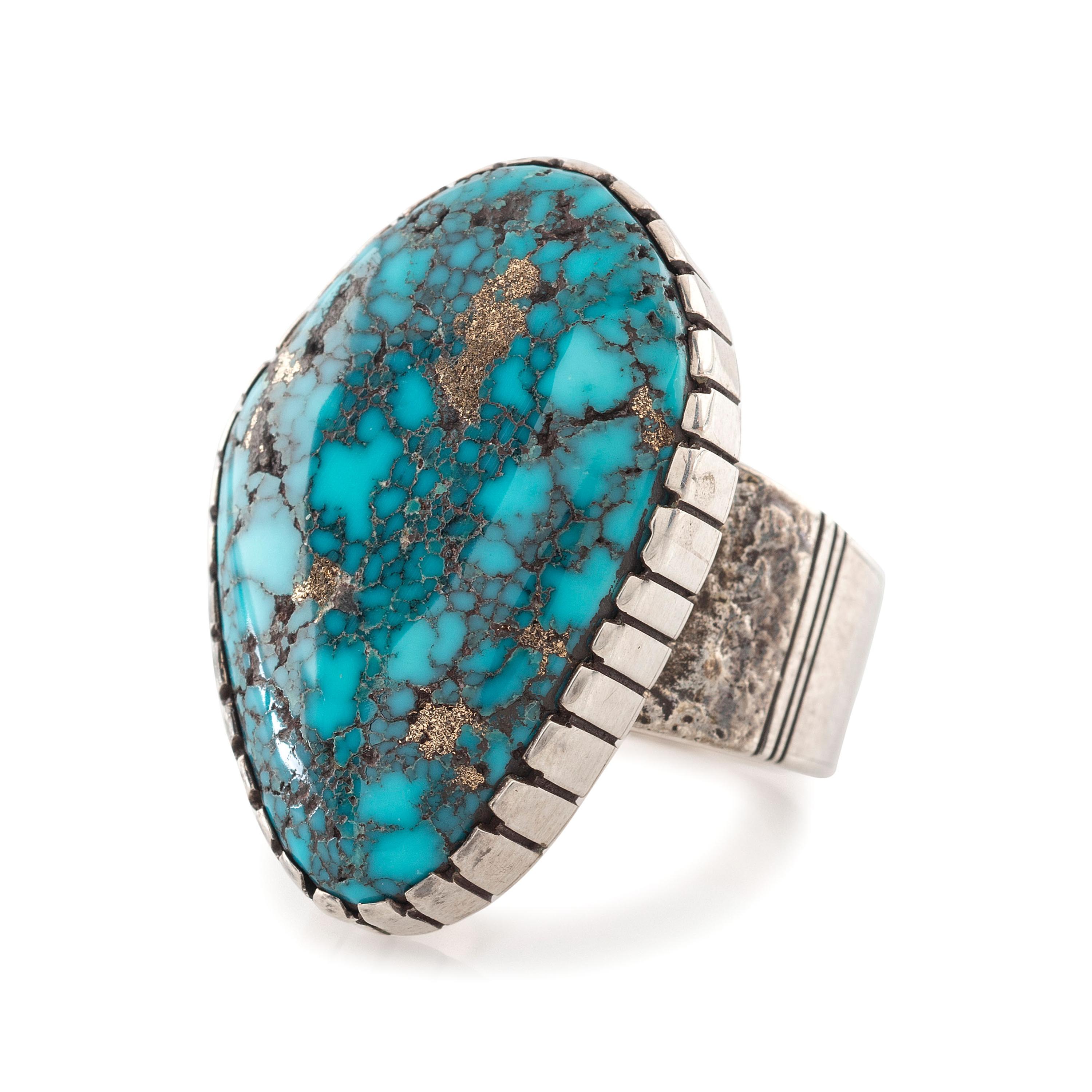 Tufa Cast Silver Ring, with Morenci Turquoise Cabochon