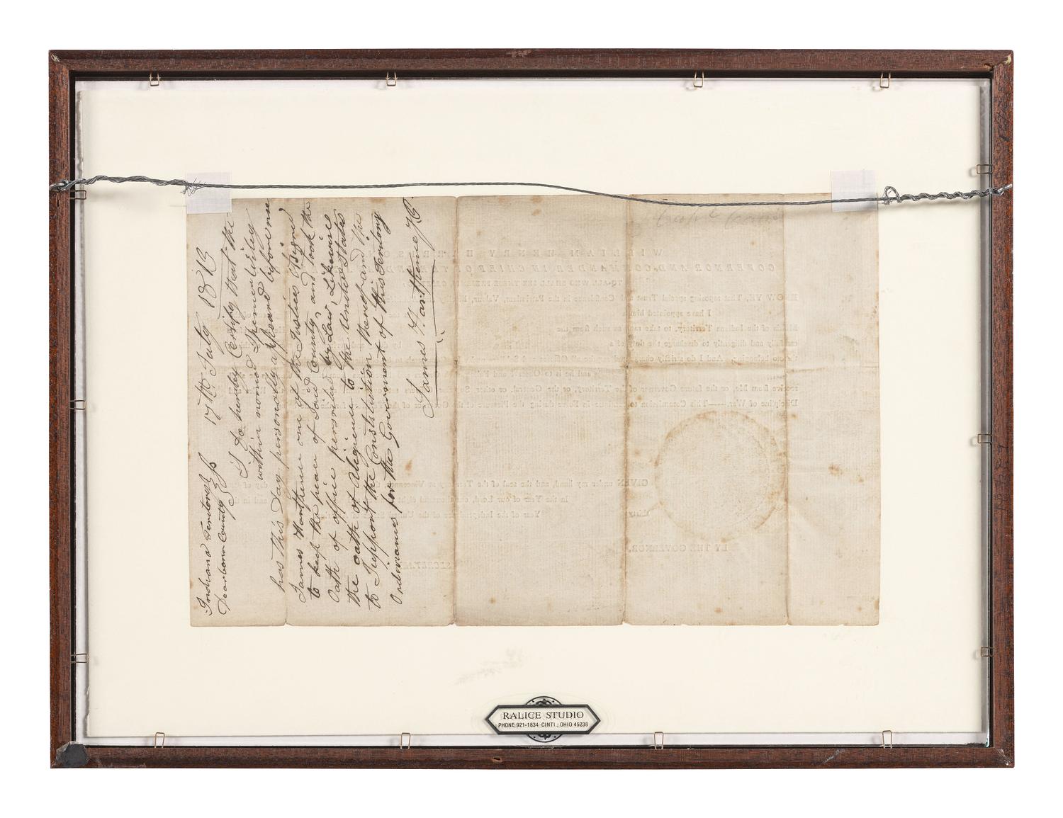 HARRISON, William Henry (1773-1841). Two Indiana Territory military documents including a partly printed document signed ("Willm. Henry Harrison"), as Governor and Commander in Chief of the Indiana Territory, Vincennes, 10 December 1811.