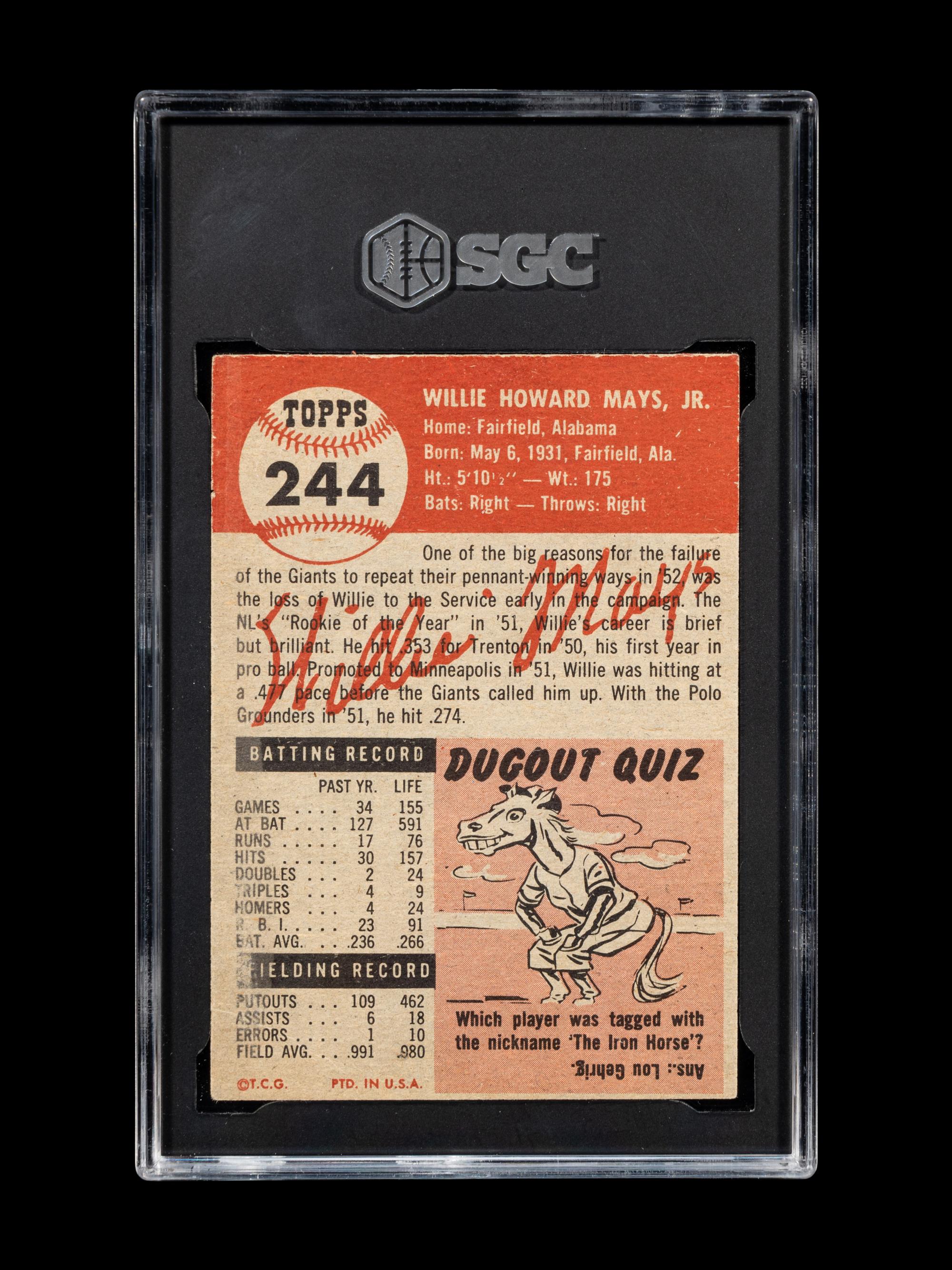 A 1953 Topps Willie Mays Baseball Card No. 244 (SGC 3 VG)