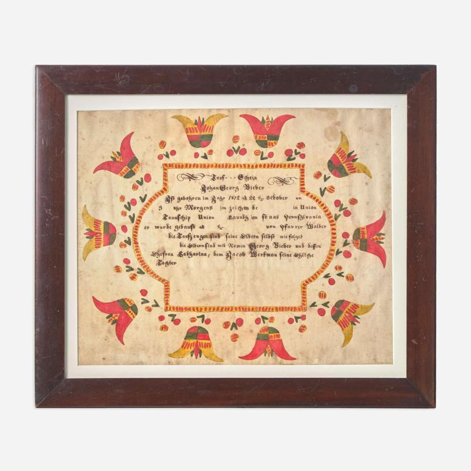 Daniel Otto (1770-1822) A Fraktur birth and baptism record for Johan George Bieber (1812-1893)