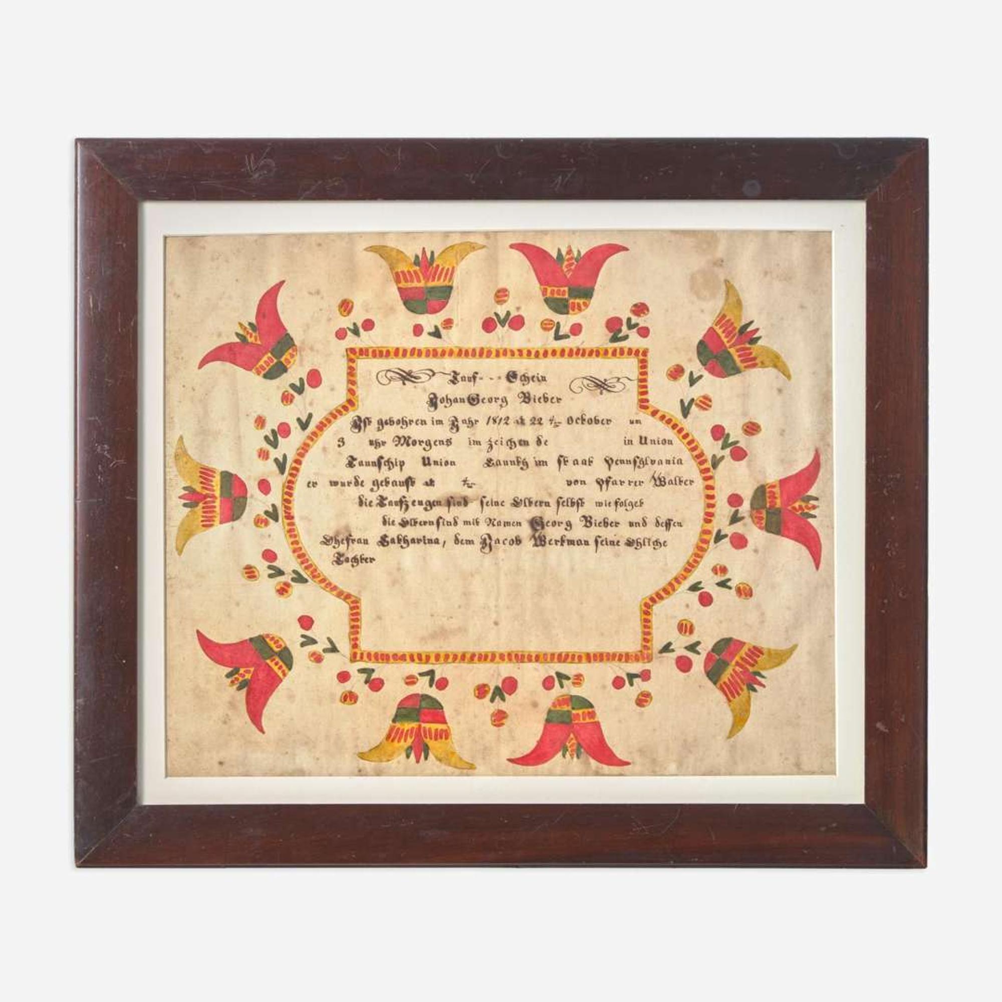Daniel Otto (1770-1822) A Fraktur birth and baptism record for Johan George Bieber (1812-1893)