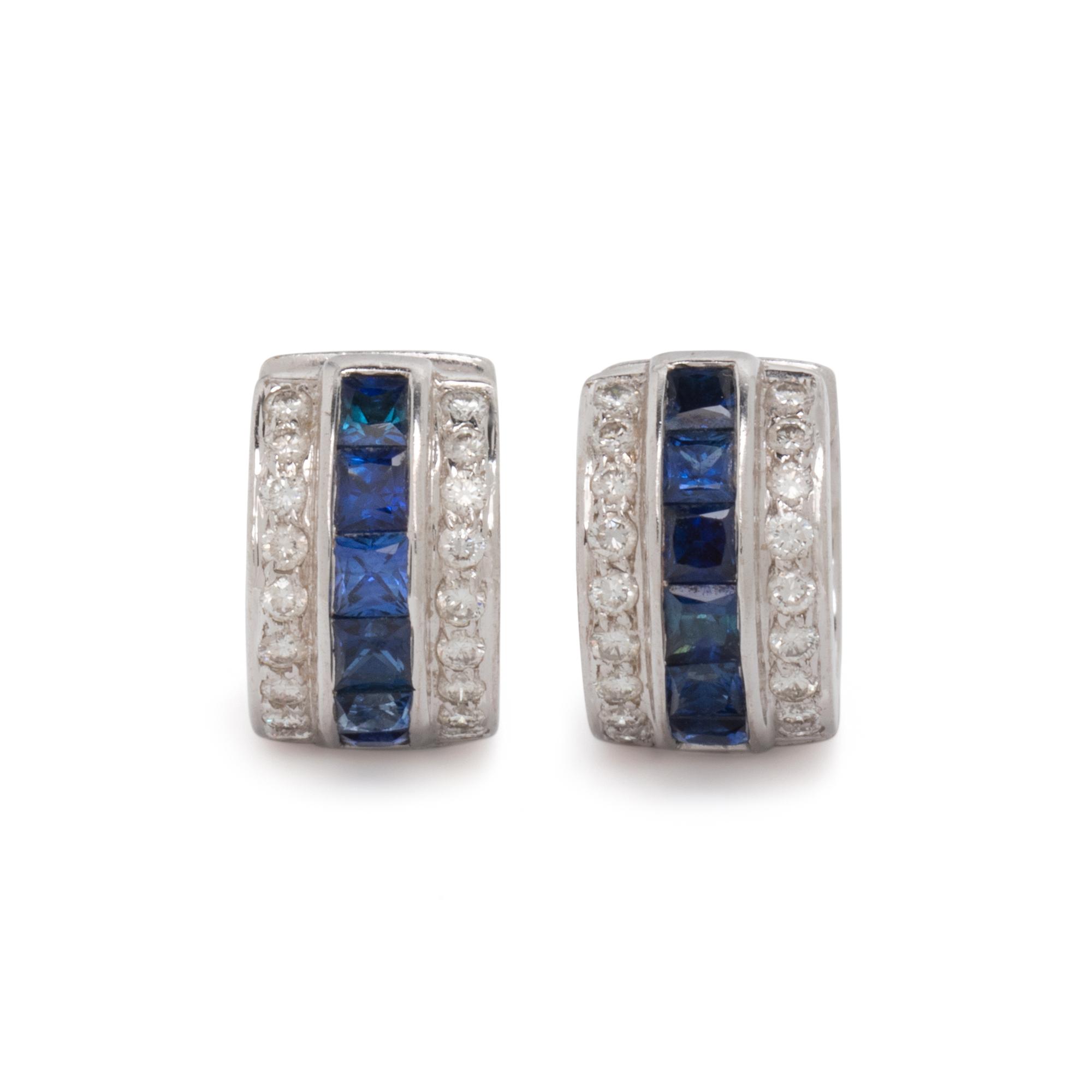 WHITE GOLD, DIAMOND, AND SAPPHIRE HUGGIE HOOP EARRINGS