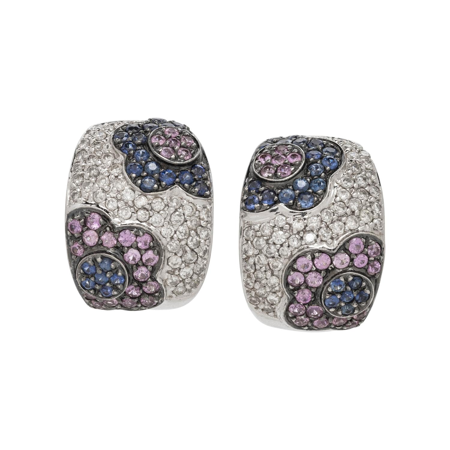 MULTICOLOR SAPPHIRE AND DIAMOND FLOWER EARCLIPS