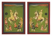 A Fine Large Pair of Equestrian Processional Paintings, North India, In the Manner of Mewar, Udaipur, 20th Century