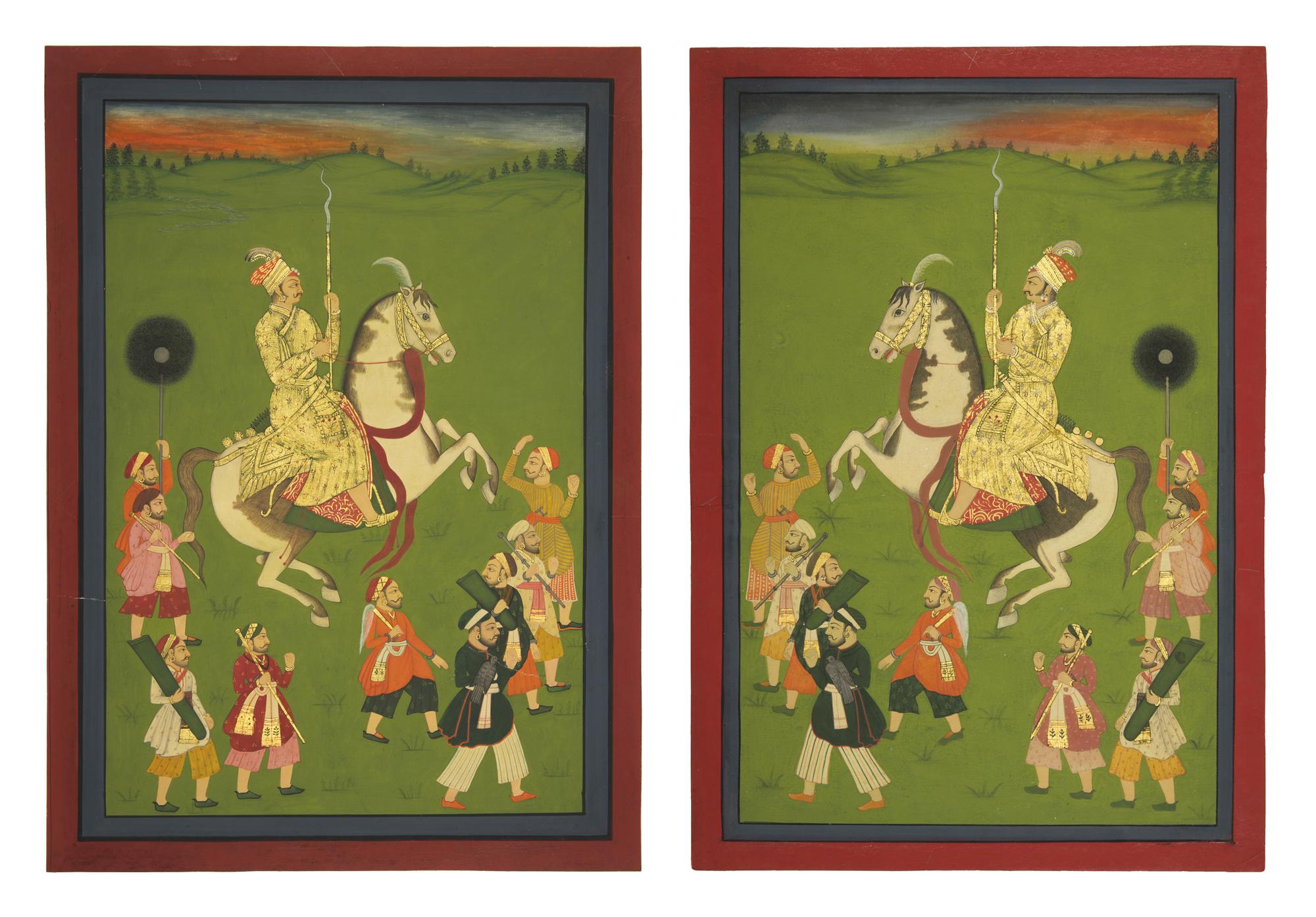 A Fine Large Pair of Equestrian Processional Paintings, North India, In the Manner of Mewar, Udaipur, 20th Century