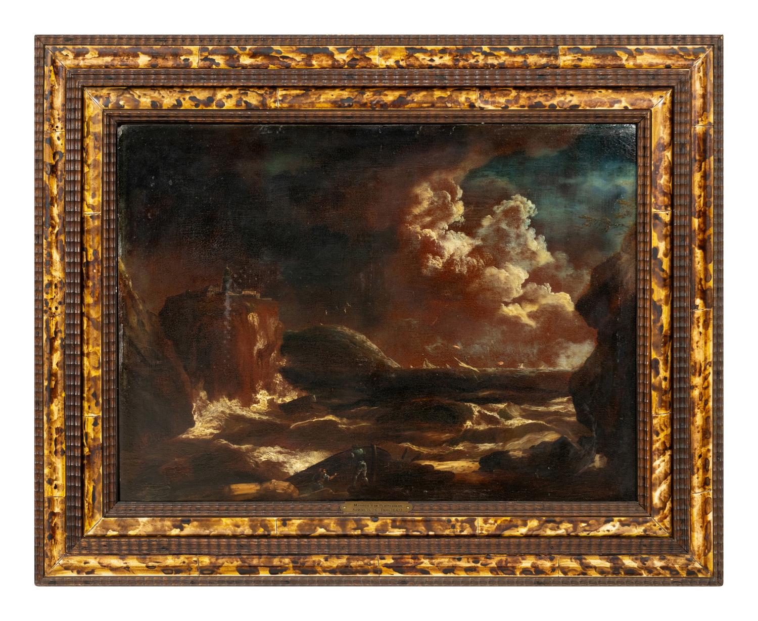 Shipwreck in Stormy Waters off Rocky Coast