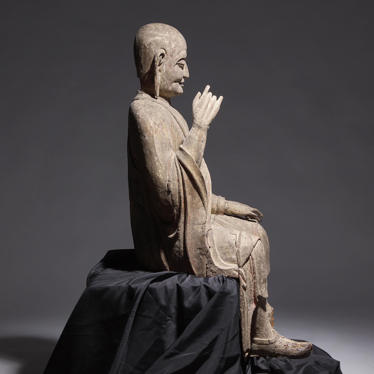 A Large Chinese Carved Wood Seated Figure of Luohan, Ming Dynasty 明 木雕大羅漢像