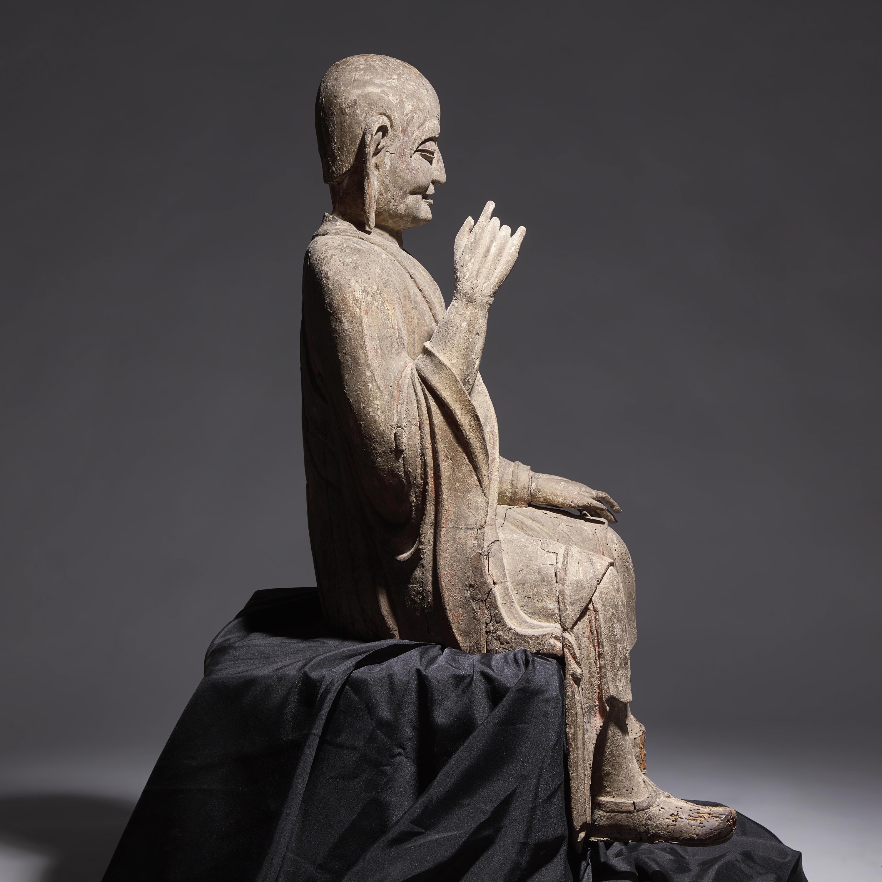 A Large Chinese Carved Wood Seated Figure of Luohan, Ming Dynasty 明 木雕大羅漢像