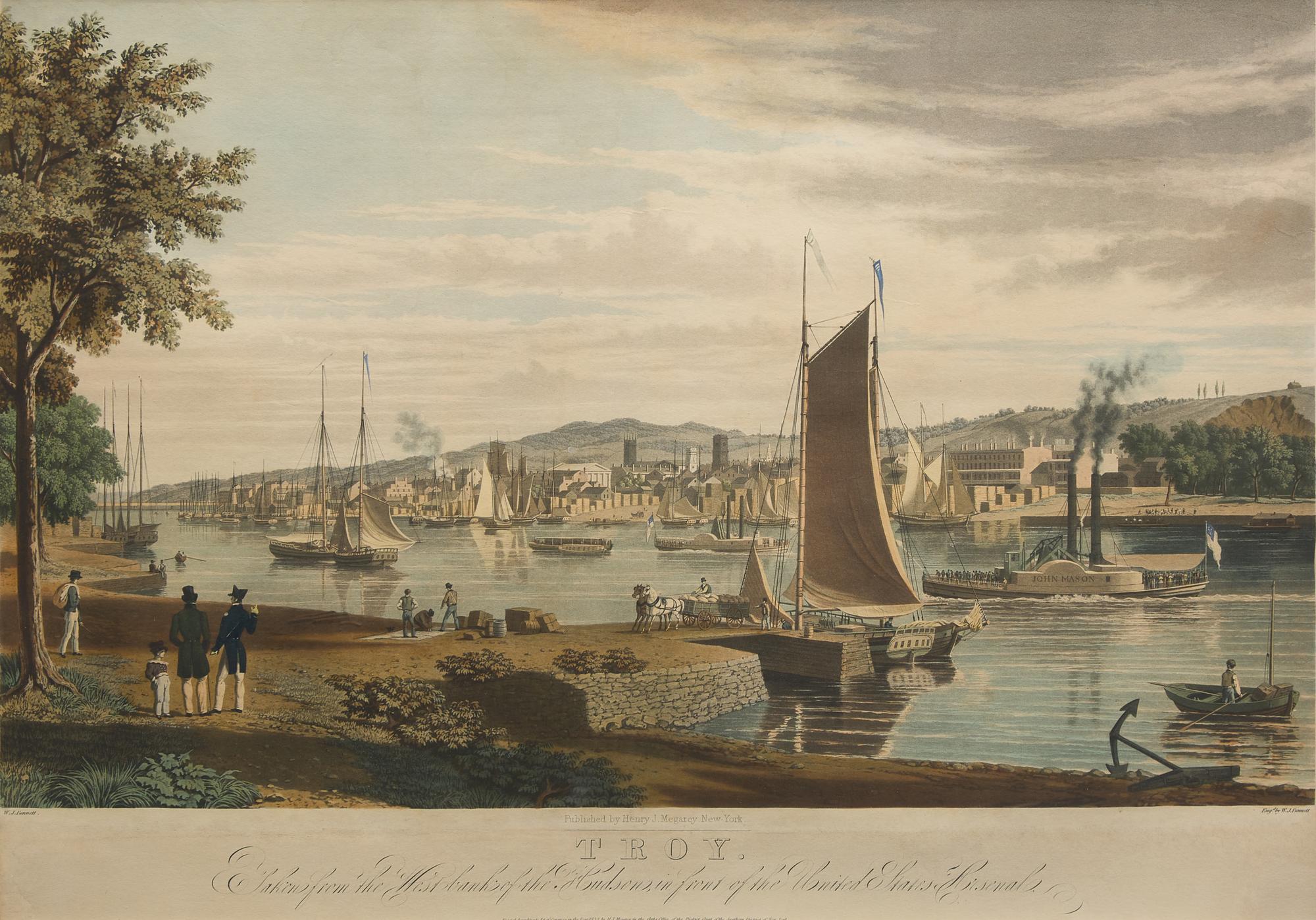 [American Views] Bennett, W(illiam). J(ames). Troy. Taken from the West bank of the Hudson, in front of the United States Arsenal