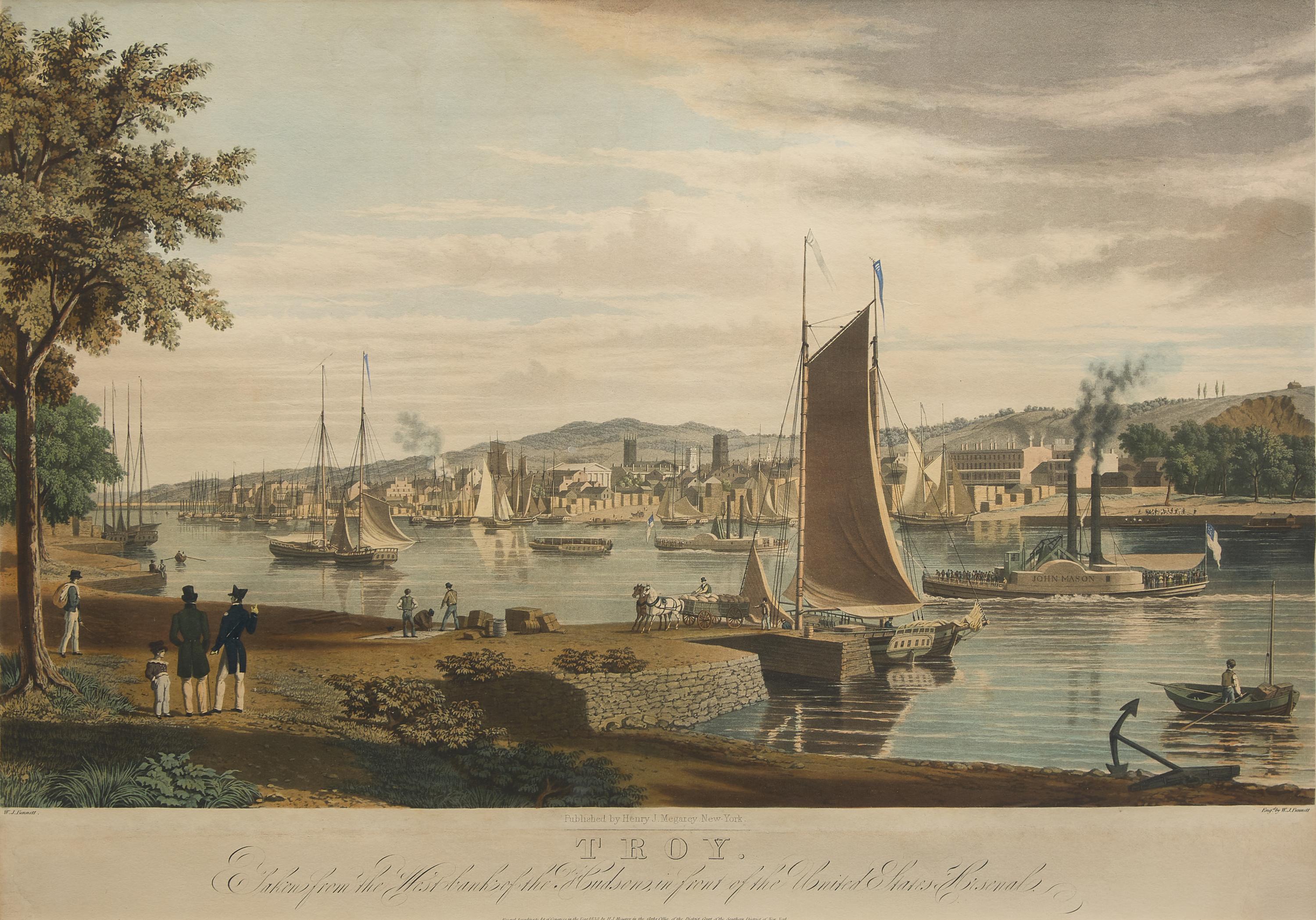 [American Views] Bennett, W(illiam). J(ames). Troy. Taken from the West bank of the Hudson, in front of the United States Arsenal
