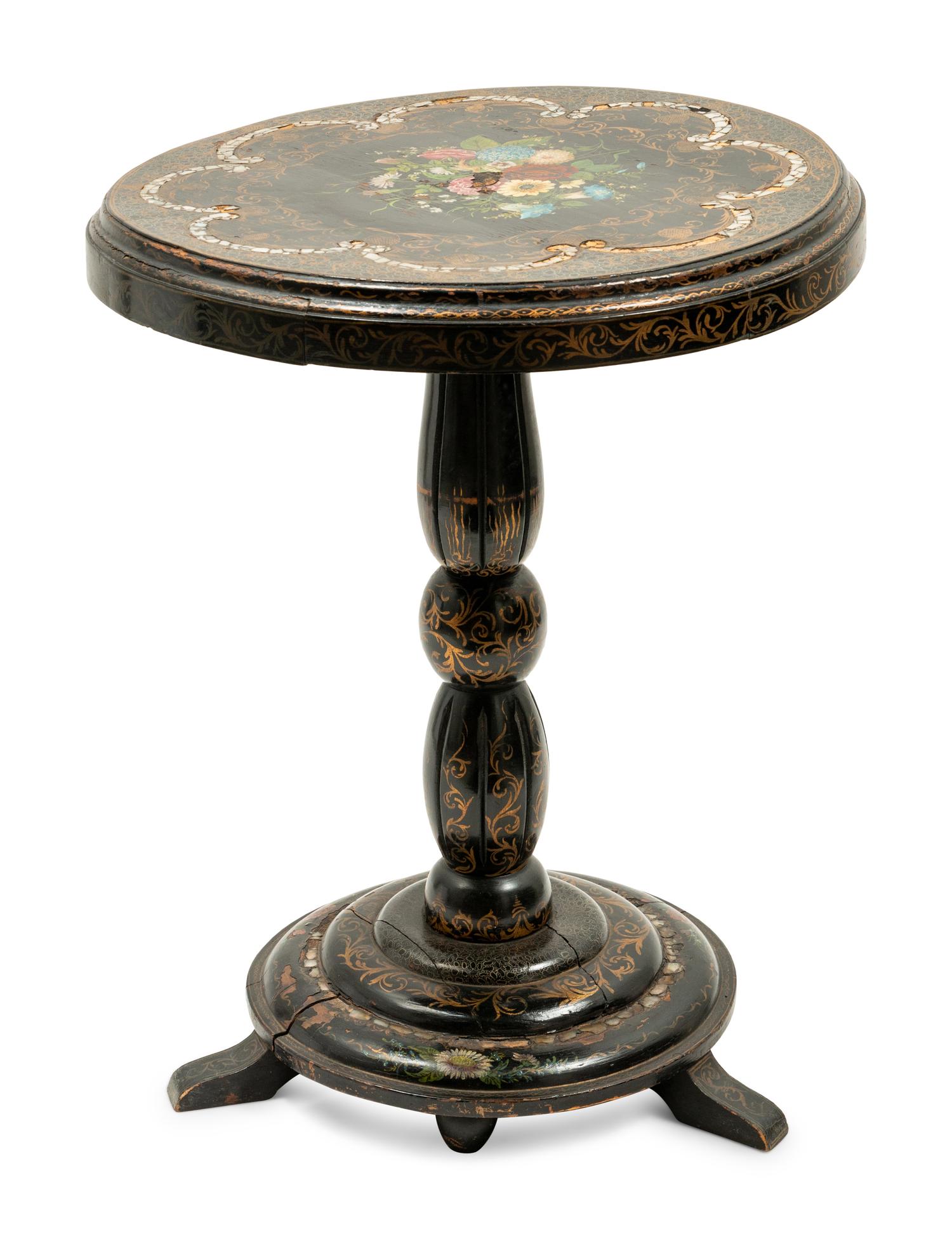 A Pair of Victorian Mother-of-Pearl Inlaid and Parcel Gilt Papier-Mâché Tilt-Top Tables