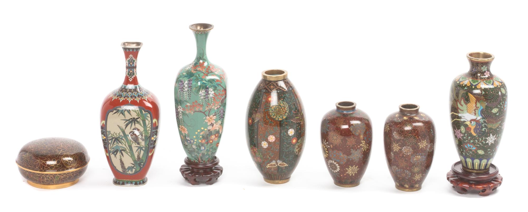 Seven Japanese Cloisonne Enameled Articles Height of tallest 5 inches.