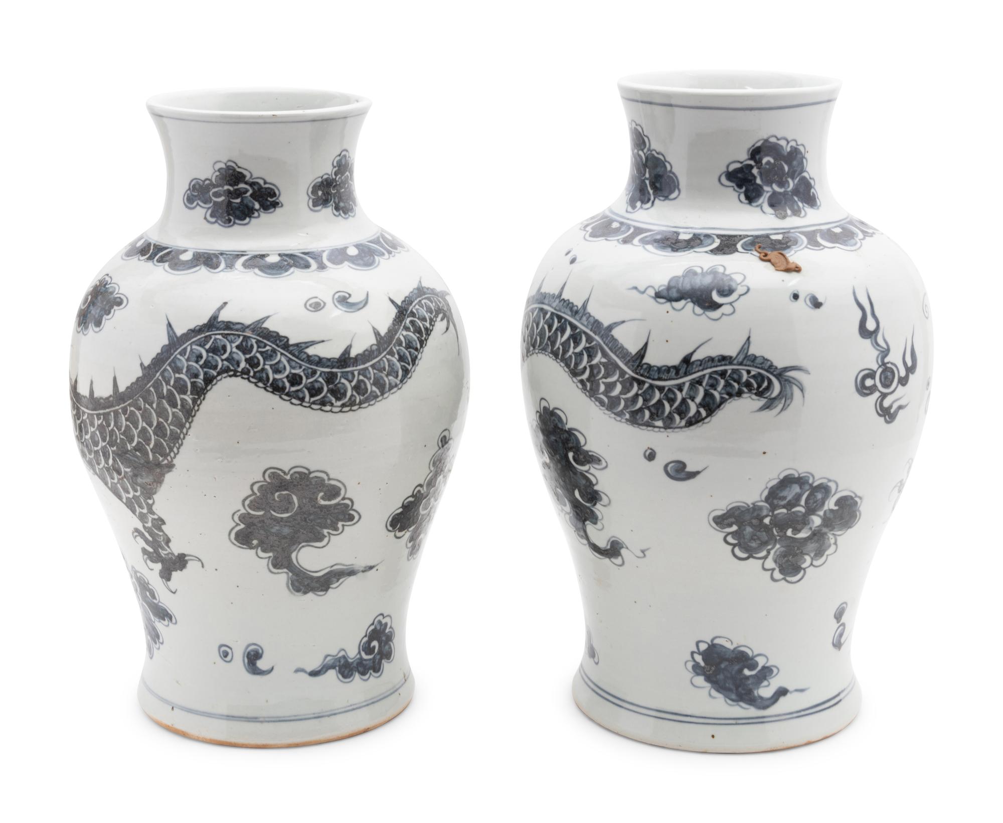 A Pair of Blue and White Porcelain 'Dragon' Vases