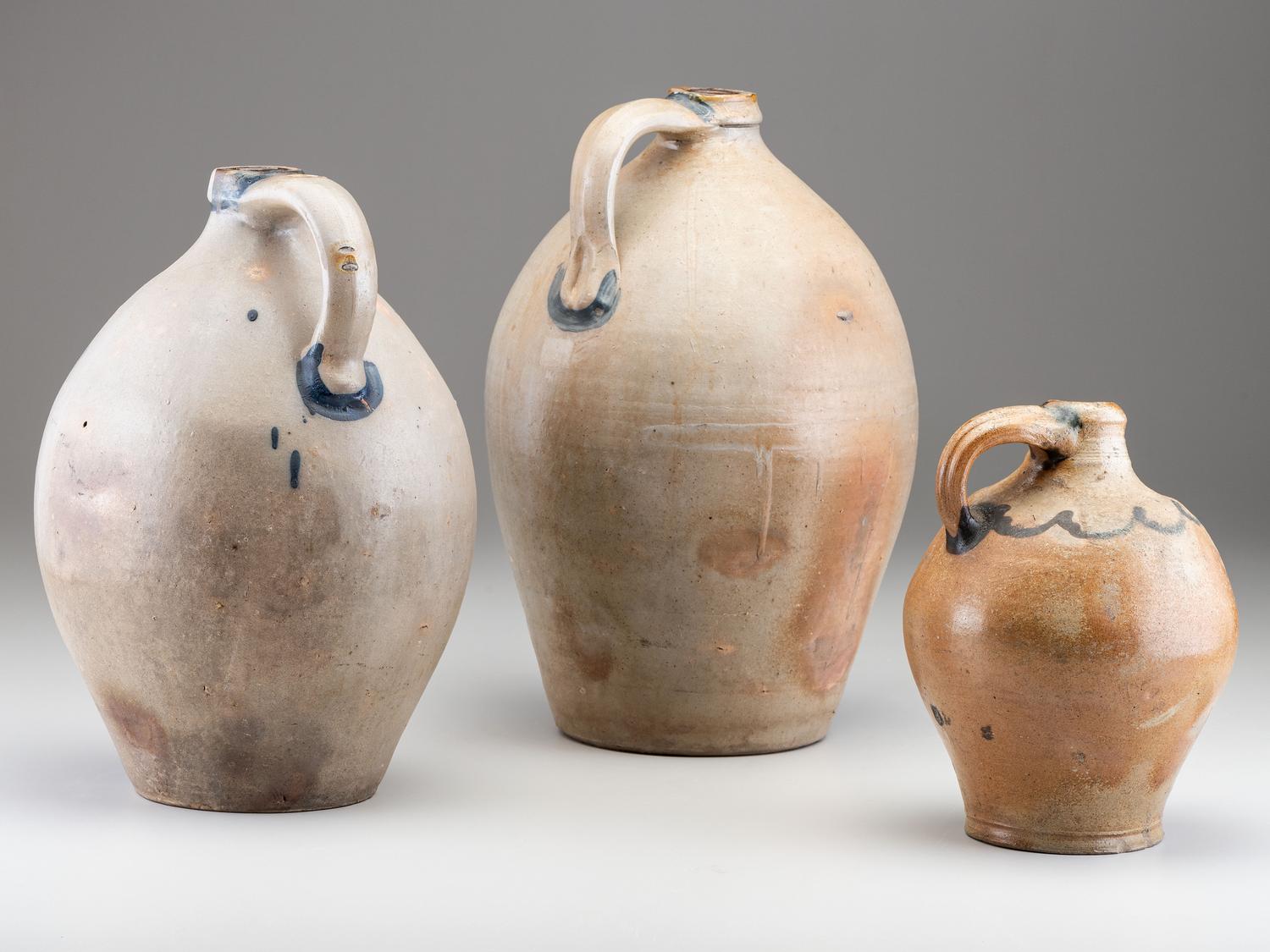 Three Cobalt Decorated Stoneware Jugs