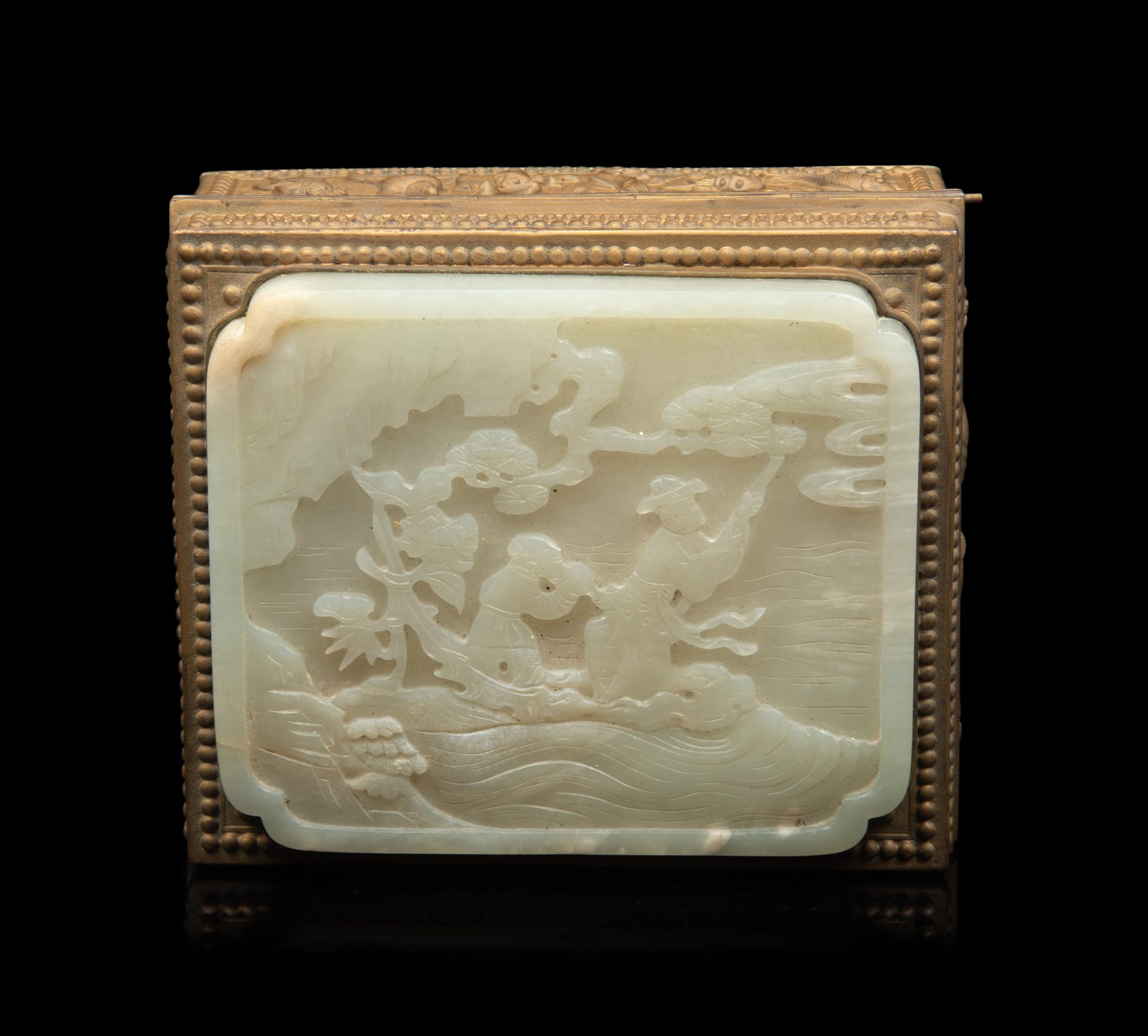 A Celadon Jade Inset Brass Box