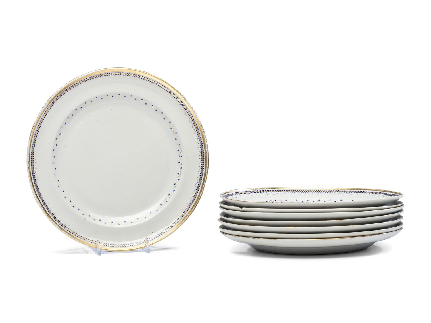 A Set of Eight Chinese Export Blue and Gilt Decorated Plates