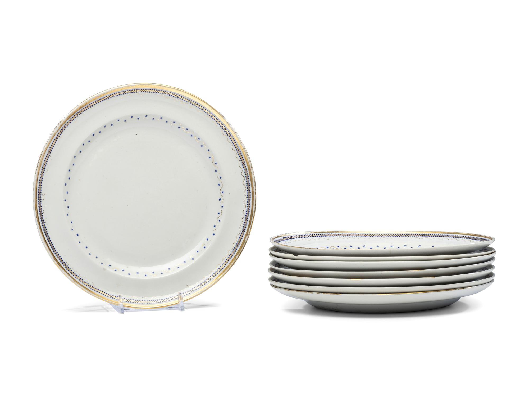 A Set of Eight Chinese Export Blue and Gilt Decorated Plates