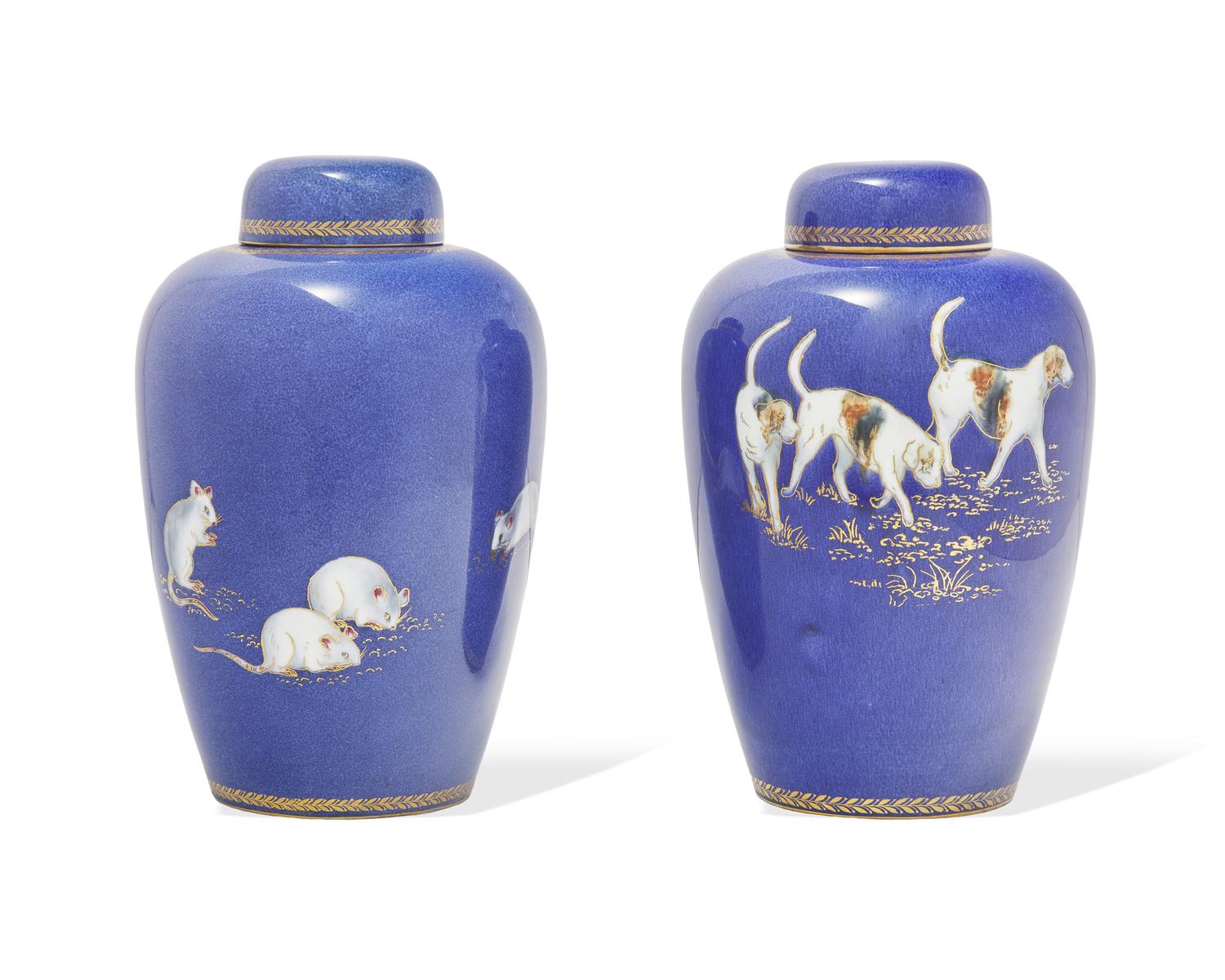 A Pair of Wedgwood Powder Blue Lustreware Porcelain Covered Urns
