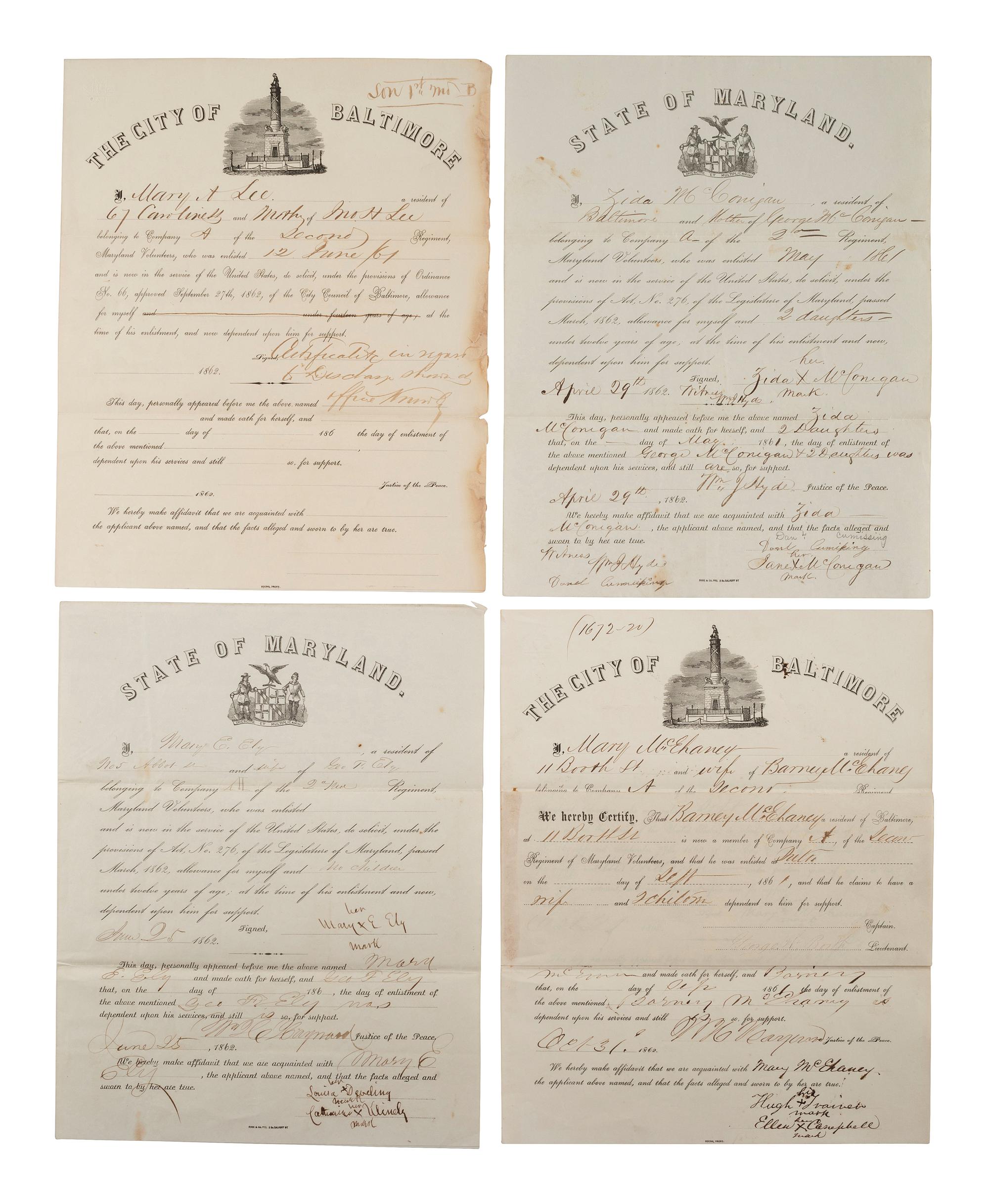 [CIVIL WAR-MARYLAND]. Applications for support & pre-war bonds of appropriations for miltias.