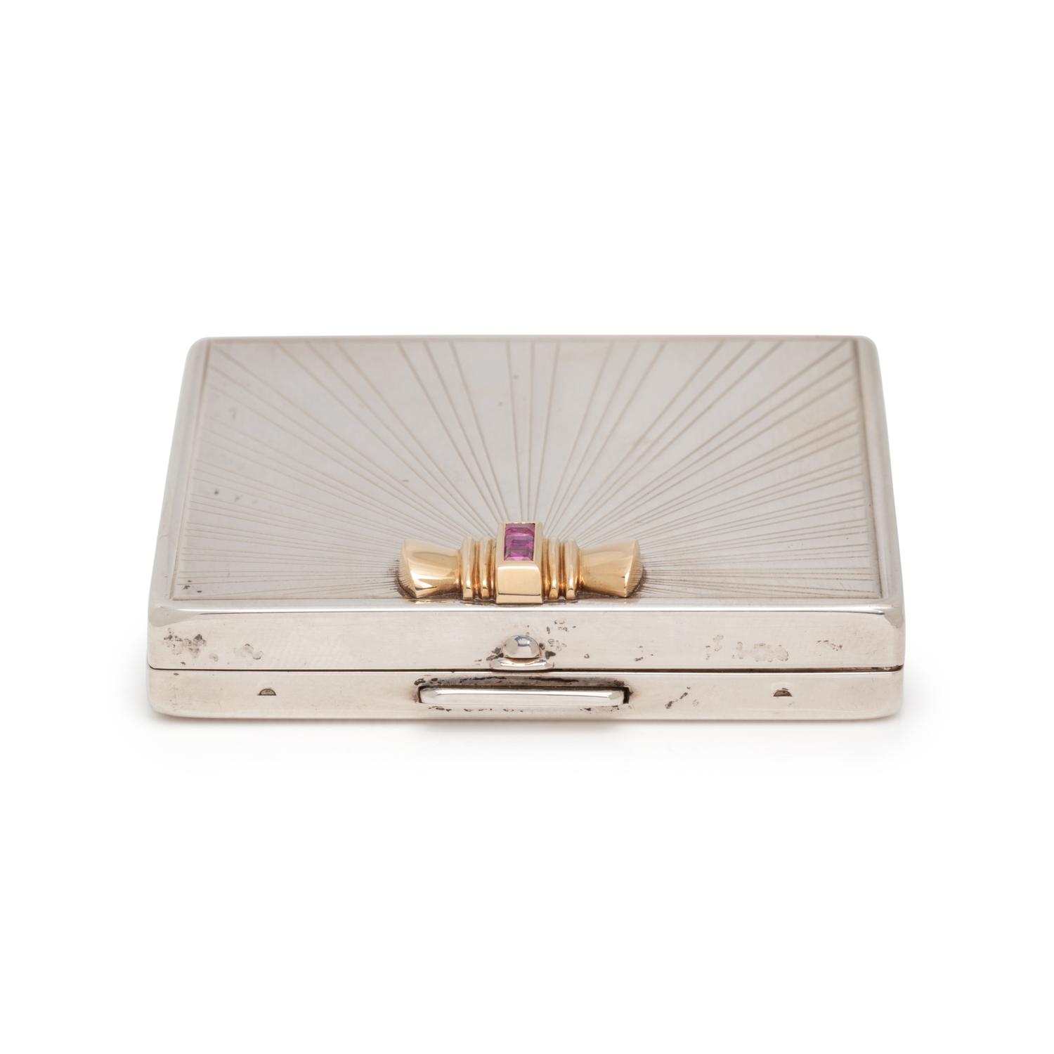 TIFFANY & CO., RETRO, STERLING SILVER, YELLOW GOLD AND RUBY COMPACT