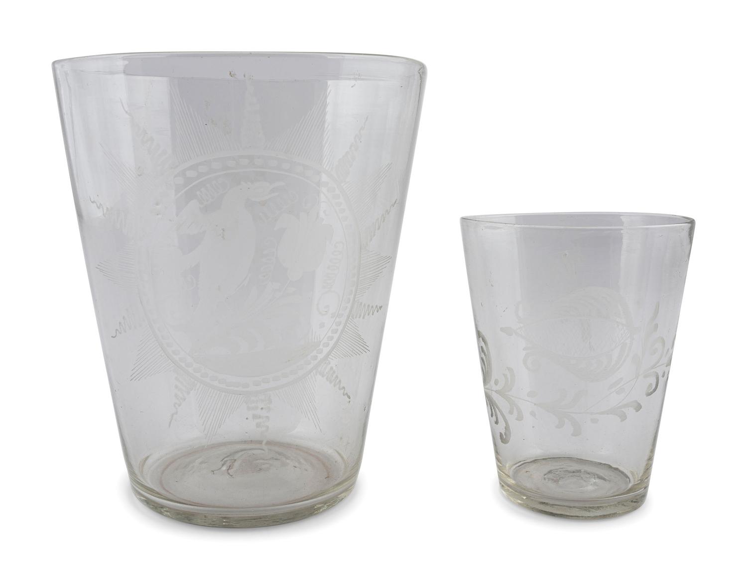 Two Blown and Etched Glass Beakers
