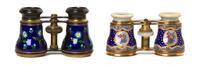 Two Pairs of Enameled Opera Glasses, Width of first 4 1/4 inches.