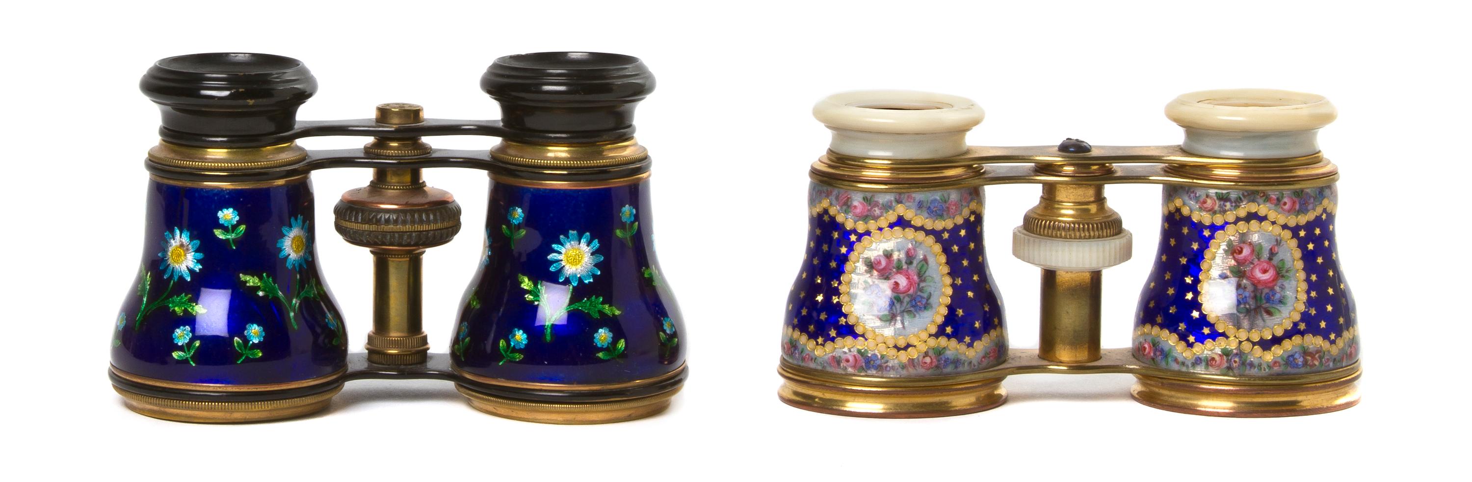Two Pairs of Enameled Opera Glasses, Width of first 4 1/4 inches.