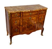 A Louis XV/XVI Transitional Style Marquetry Marble-Top Commode