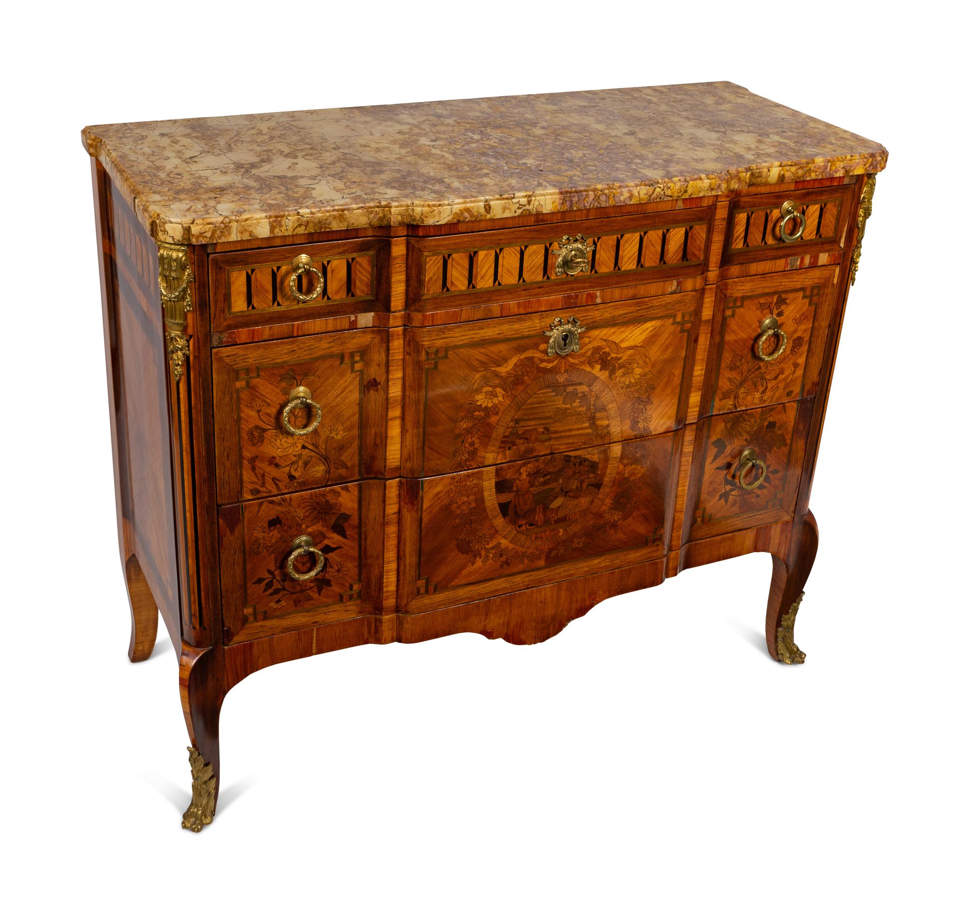 A Louis XV/XVI Transitional Style Marquetry Marble-Top Commode
