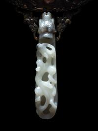 A White Jade Mounted and Hardstone Embellished Hand Mirror