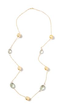 A 14 Karat Yellow Gold, Cultured Golden Pearl, Green Quartz and White Topaz Necklace, 24.20 dwts.