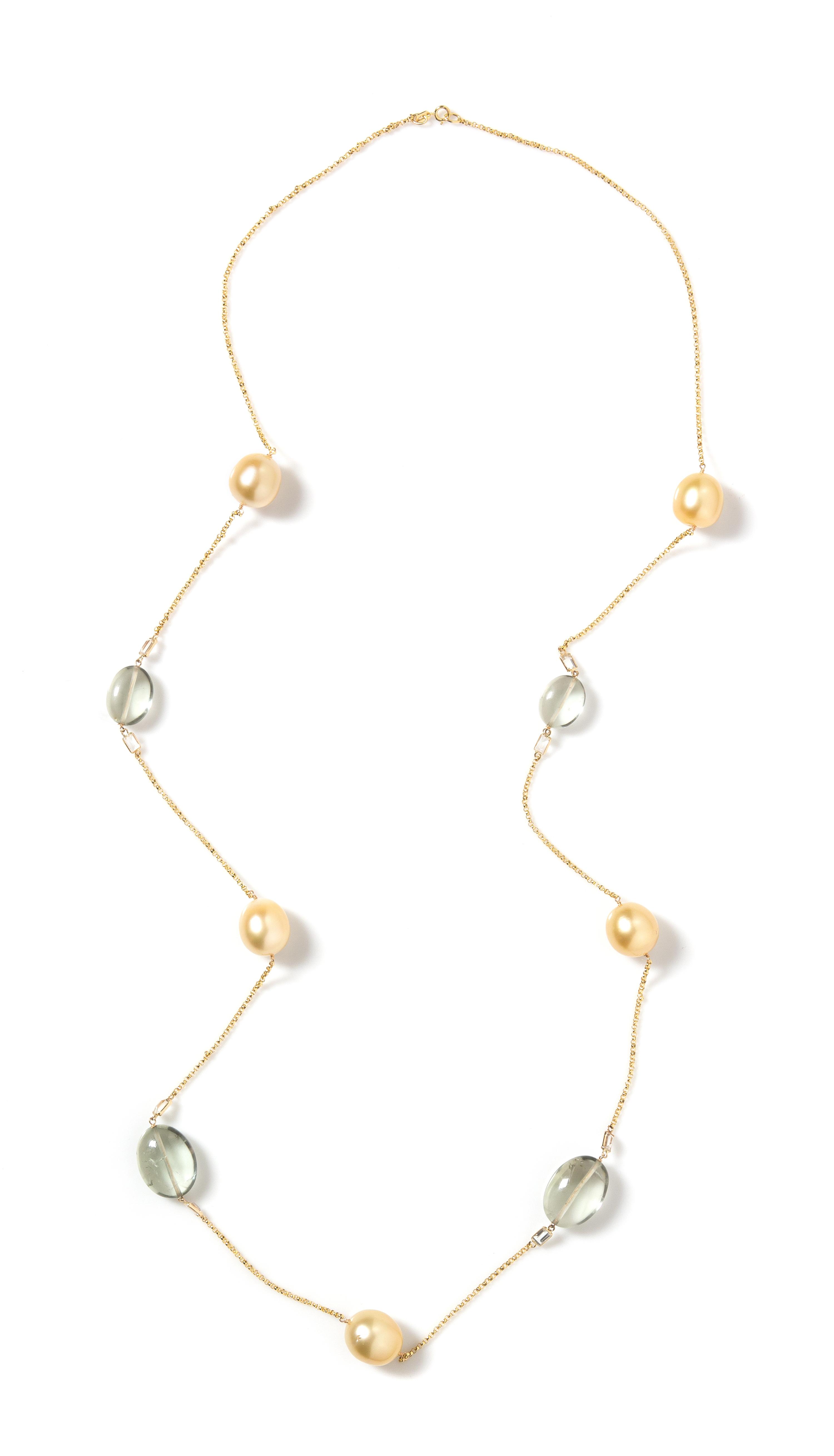 A 14 Karat Yellow Gold, Cultured Golden Pearl, Green Quartz and White Topaz Necklace, 24.20 dwts.