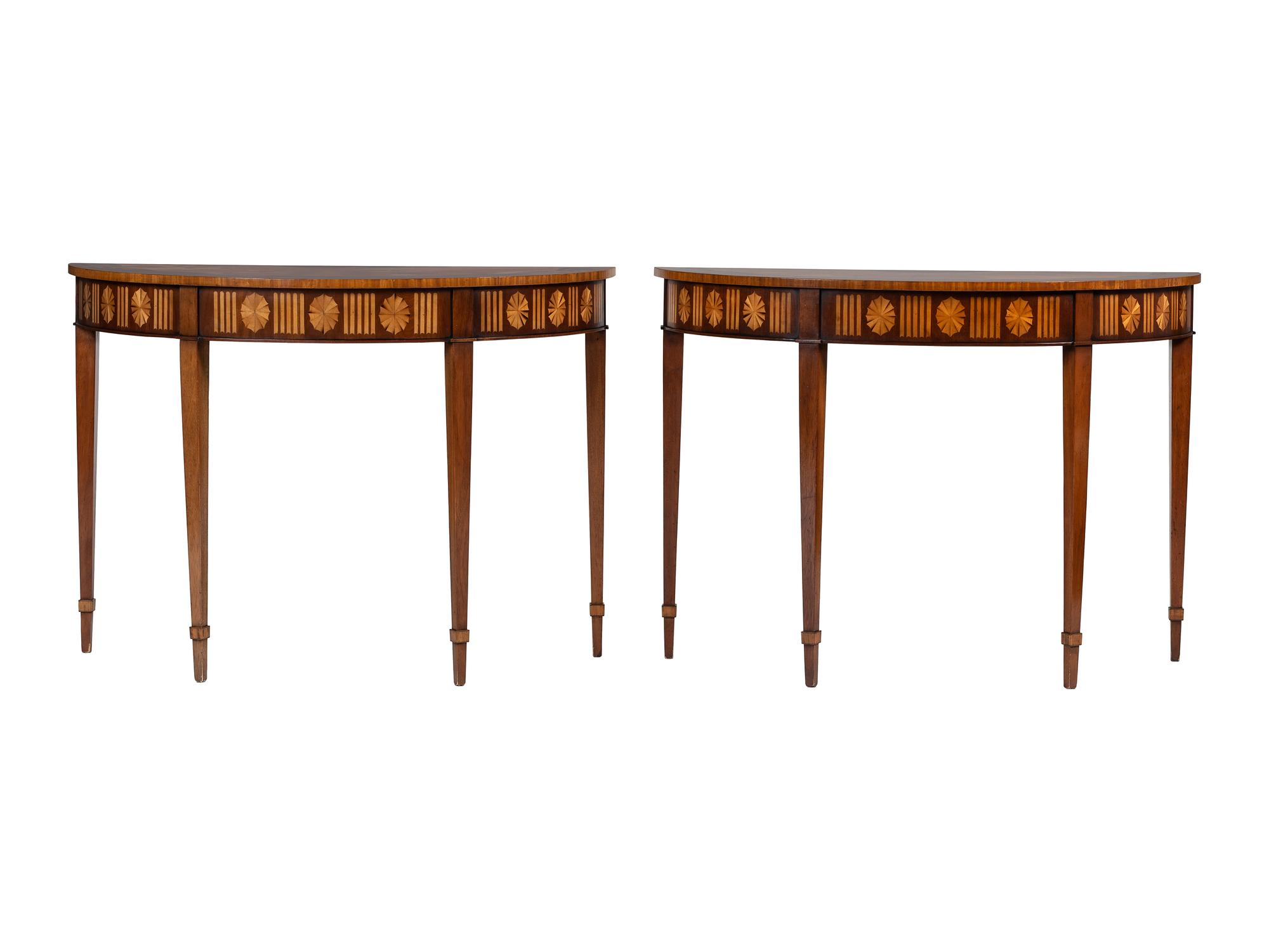 A Pair of Federal Style Fan Inlaid Demilune Tables