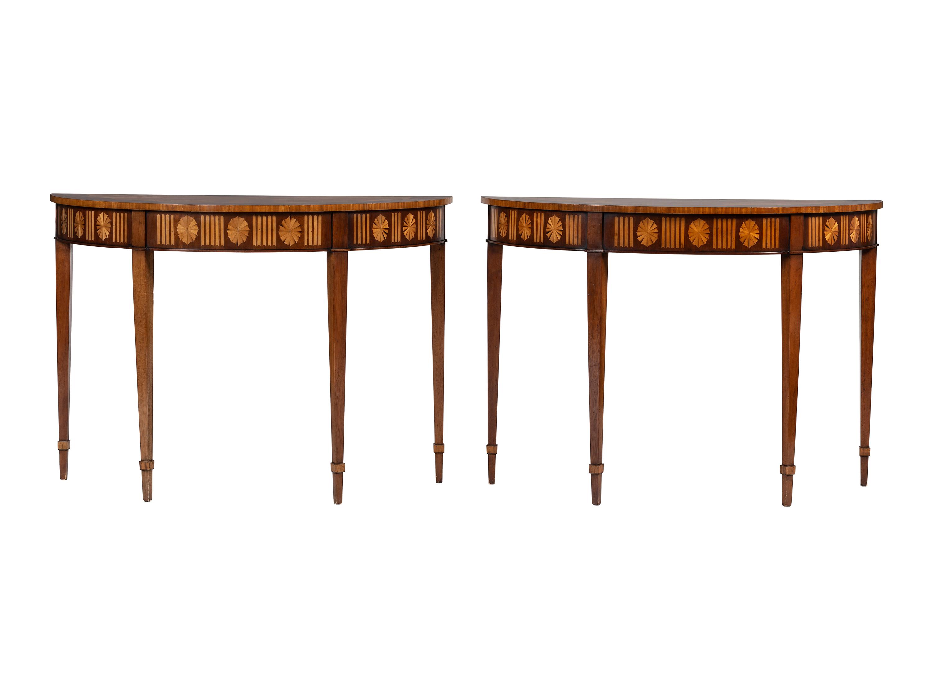A Pair of Federal Style Fan Inlaid Demilune Tables