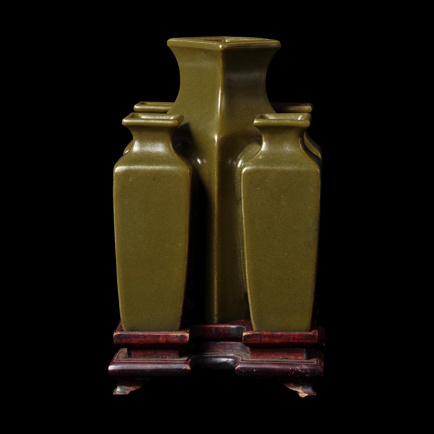 An Unusual Chinese Teadust Glazed Five-Mouthed Conjoined Vase 茶葉末釉五聯瓶