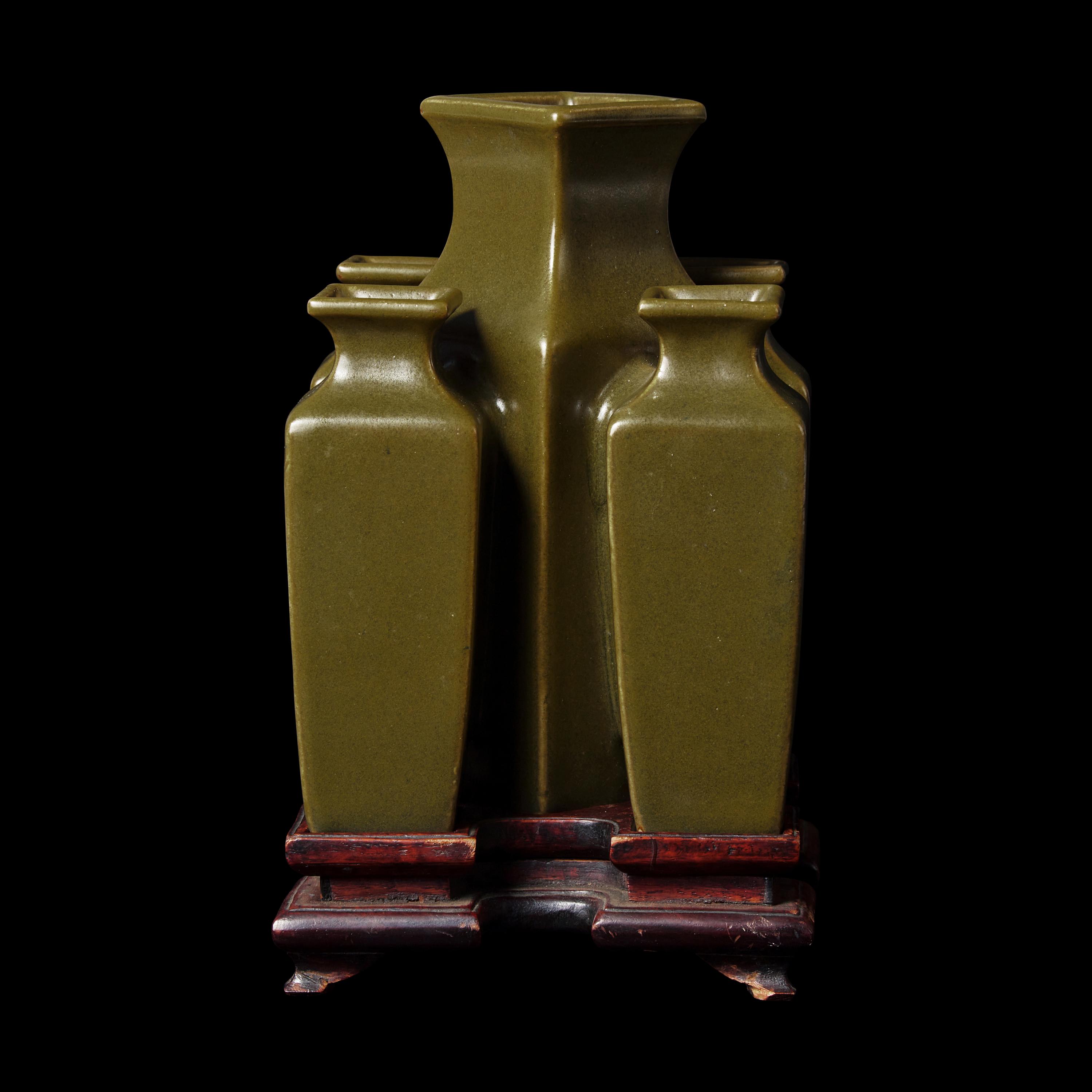 An Unusual Chinese Teadust Glazed Five-Mouthed Conjoined Vase 茶葉末釉五聯瓶