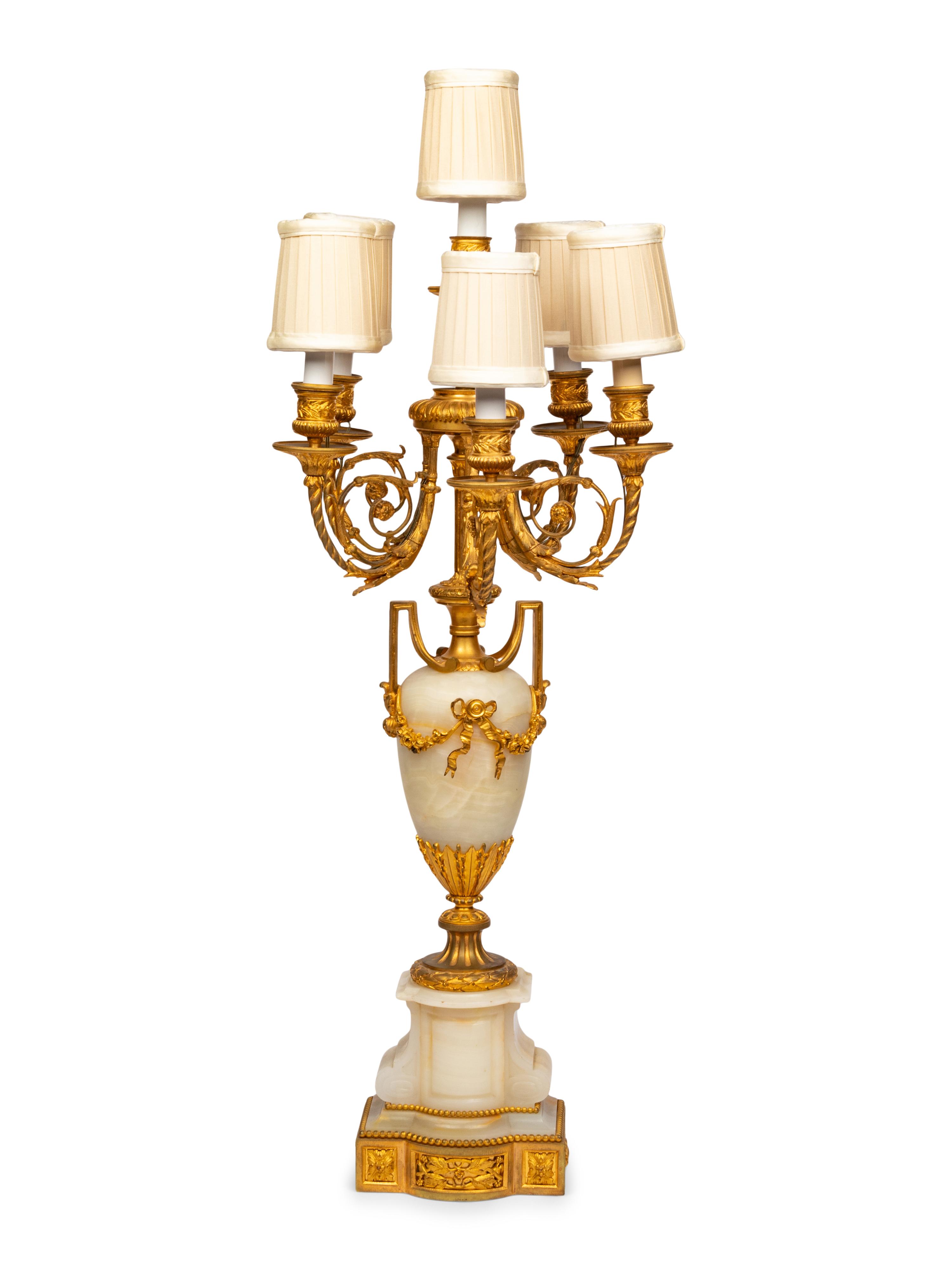 A Gilt Bronze Mounted Alabaster Six-Light Candelabrum