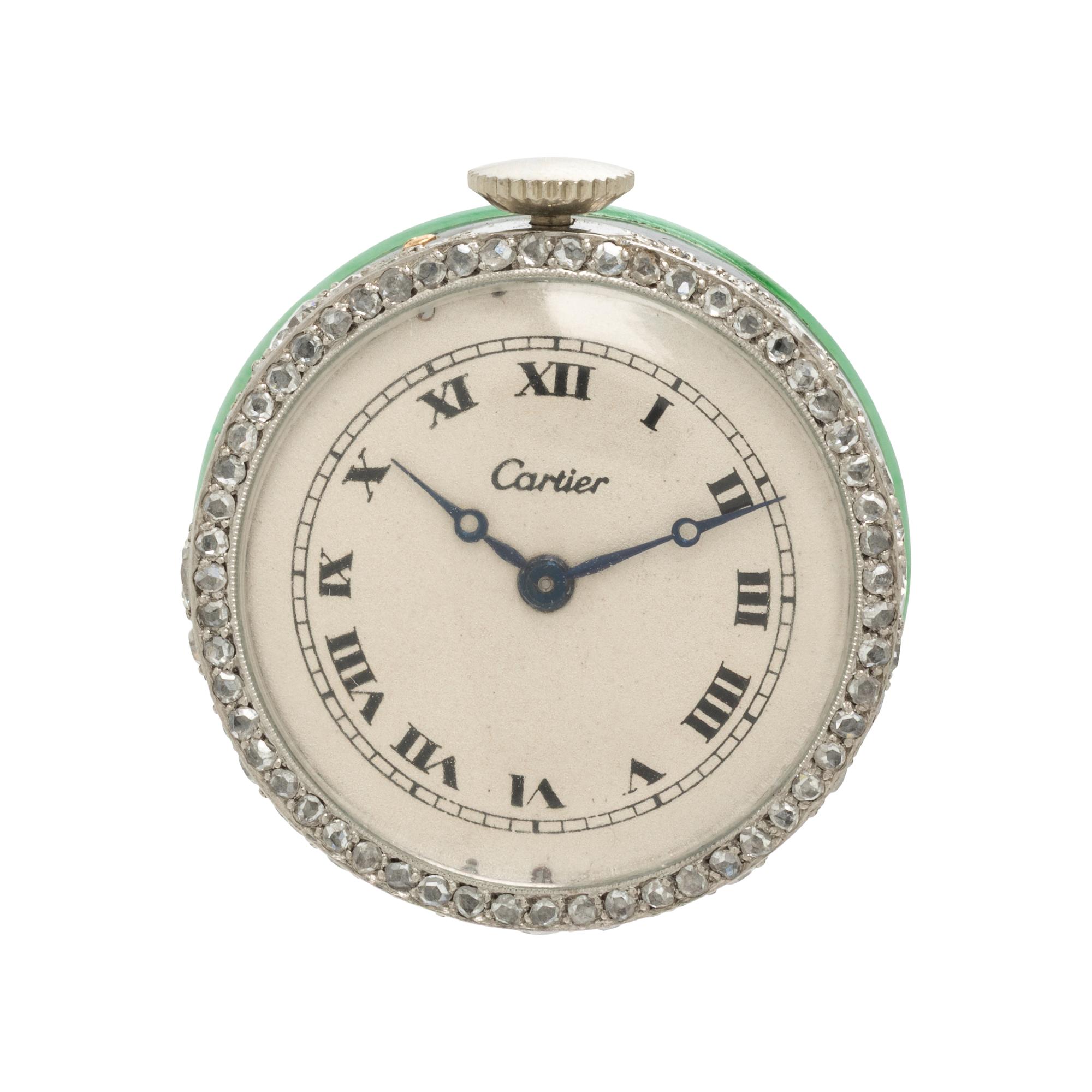 Cartier, Art Deco, Diamond, Carved Jade, and Enamel Pendant Watch