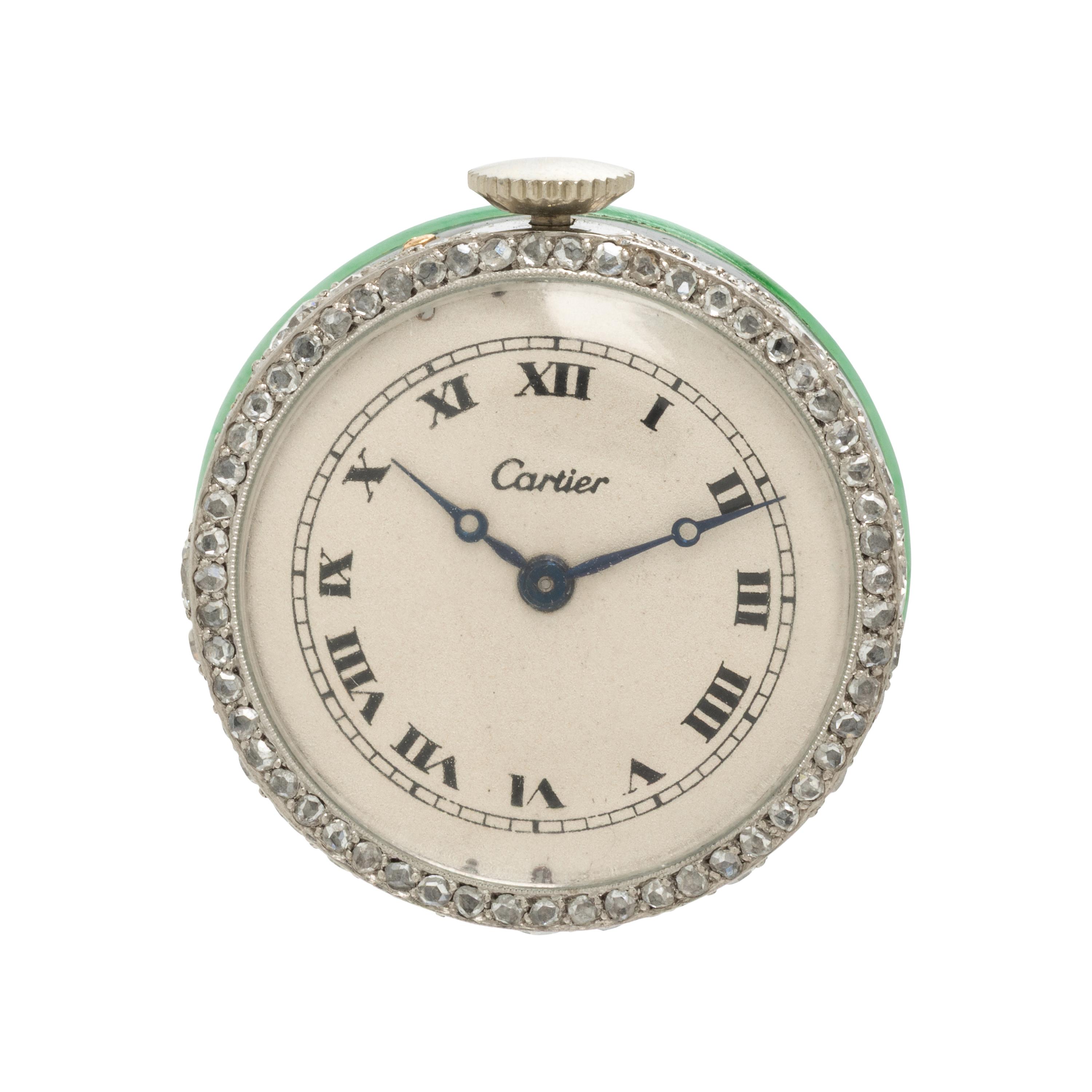Cartier, Art Deco, Diamond, Carved Jade, and Enamel Pendant Watch
