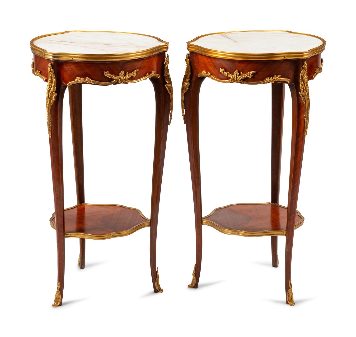 A Pair of Louis XV Style Gilt Bronze Mounted Marble-Top Tables