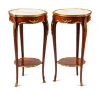A Pair of Louis XV Style Gilt Bronze Mounted Marble-Top Tables