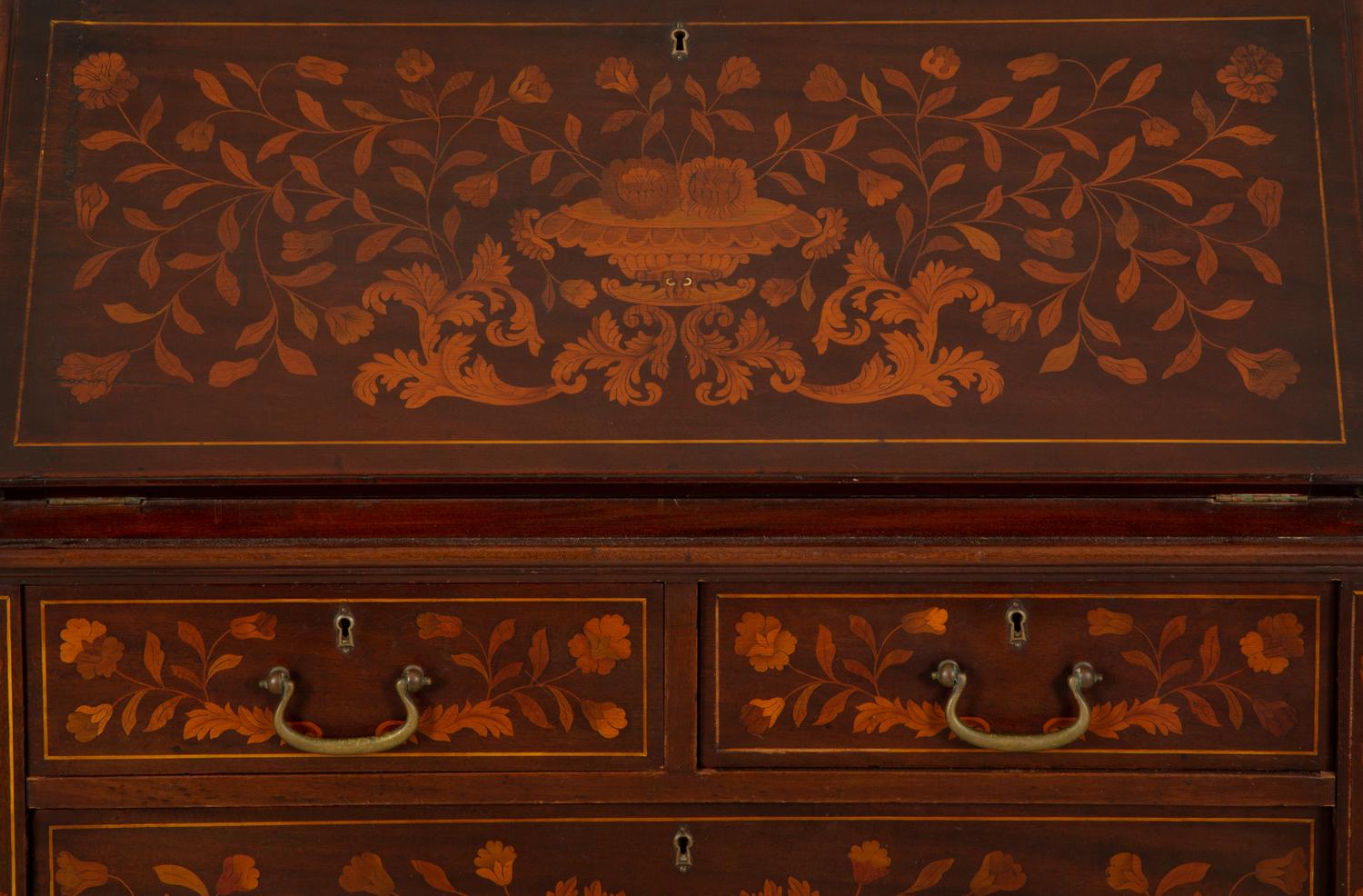 A Dutch Rococo Style Marquetry Slant-Front Bureau and Matching Chair