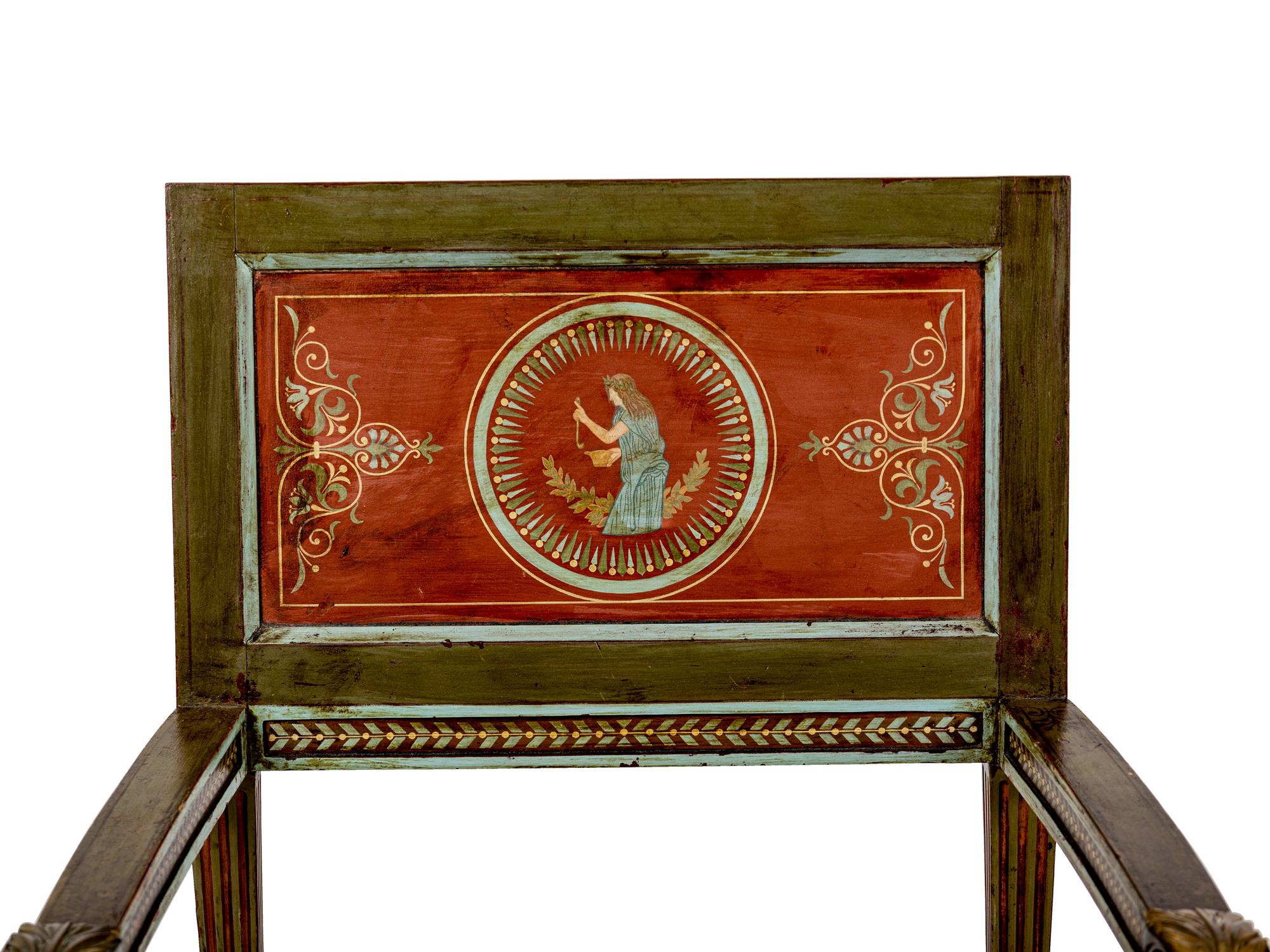 A Pair of North Italian Neoclassical Bronze Mounted Polychrome Painted Armchairs