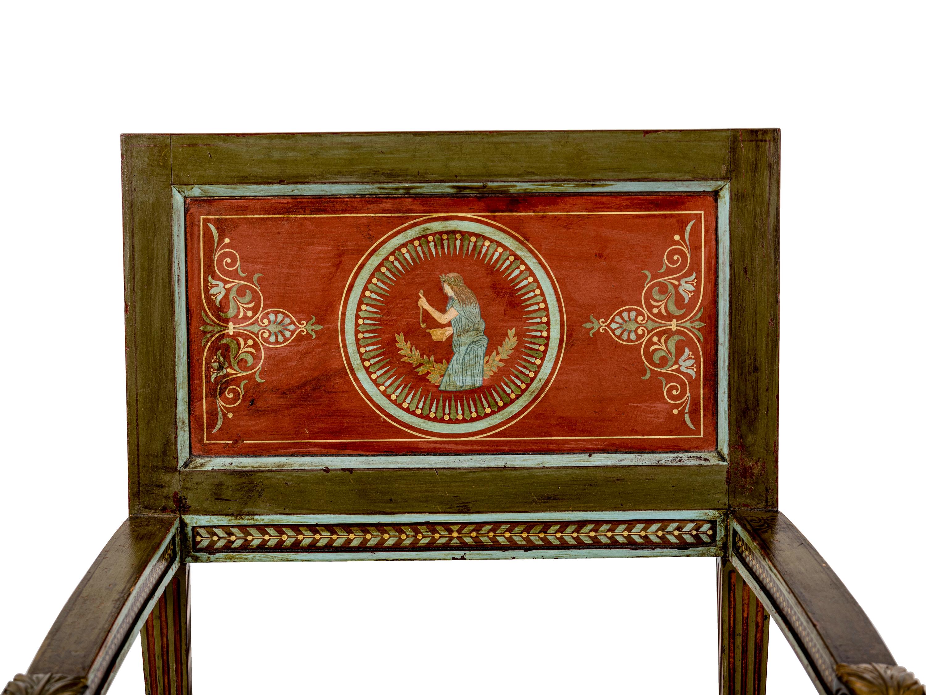 A Pair of North Italian Neoclassical Bronze Mounted Polychrome Painted Armchairs