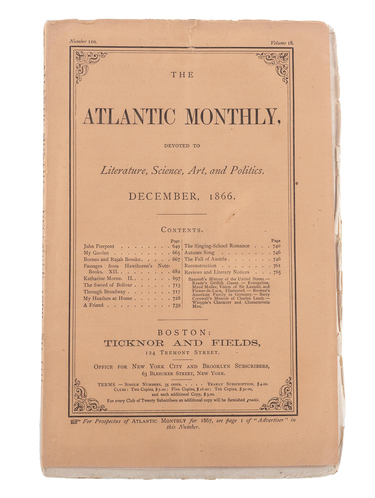[DOUGLASS, Frederick (1818-1895)]. A group of 2 issues of The Atlantic Monthly , incl. "An Appeal to Congress for Impartial Suffrage" published anonymously by Frederick Douglass, comprising: