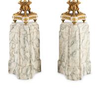 A Pair of Louis XVI Style Gilt Bronze and White Marble Ten-Light Candelabra