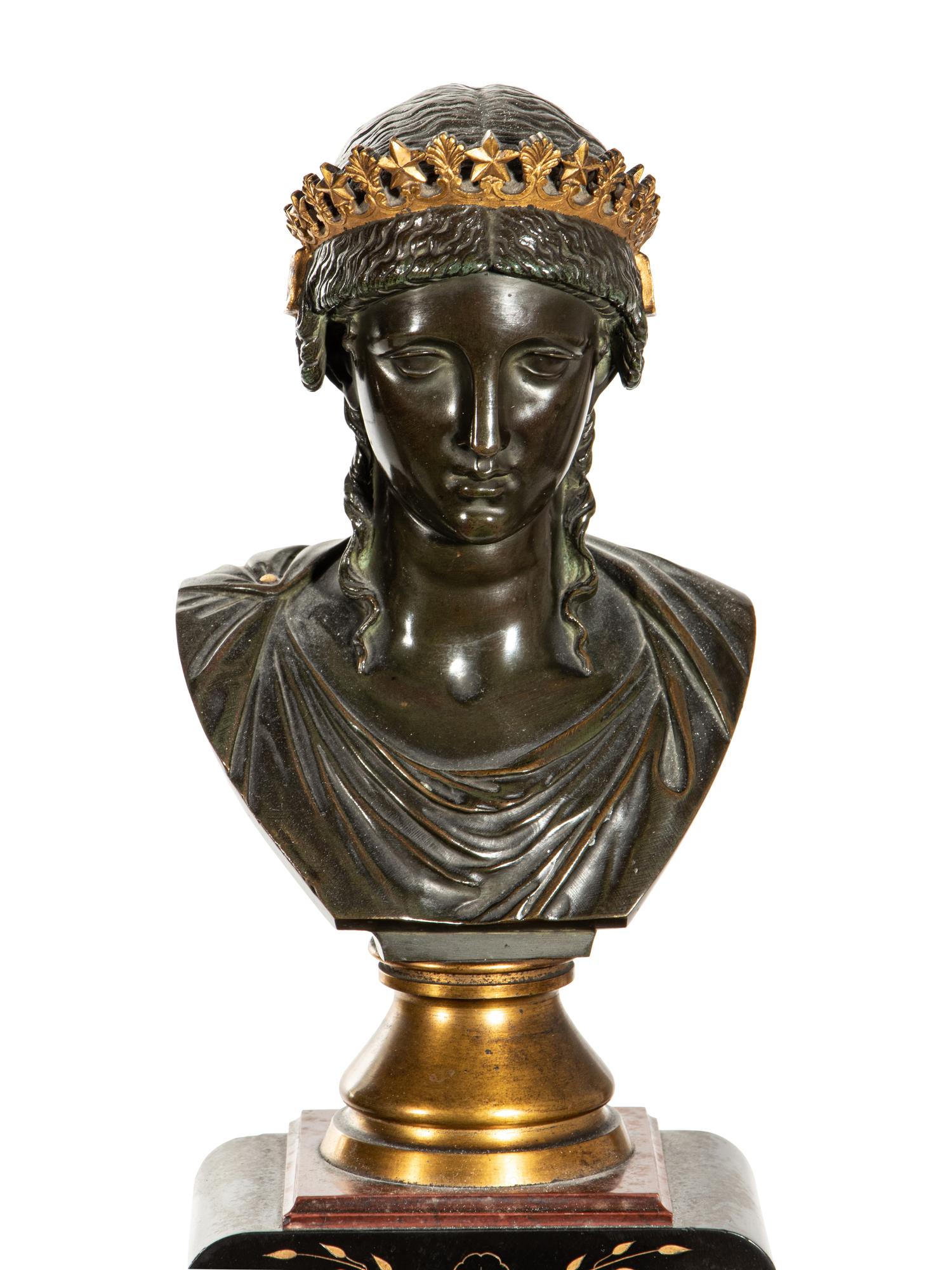 A Pair of French Bronze and Marble Busts by Pierre-Eugène-Émile Hébert (French, 1828-1893)