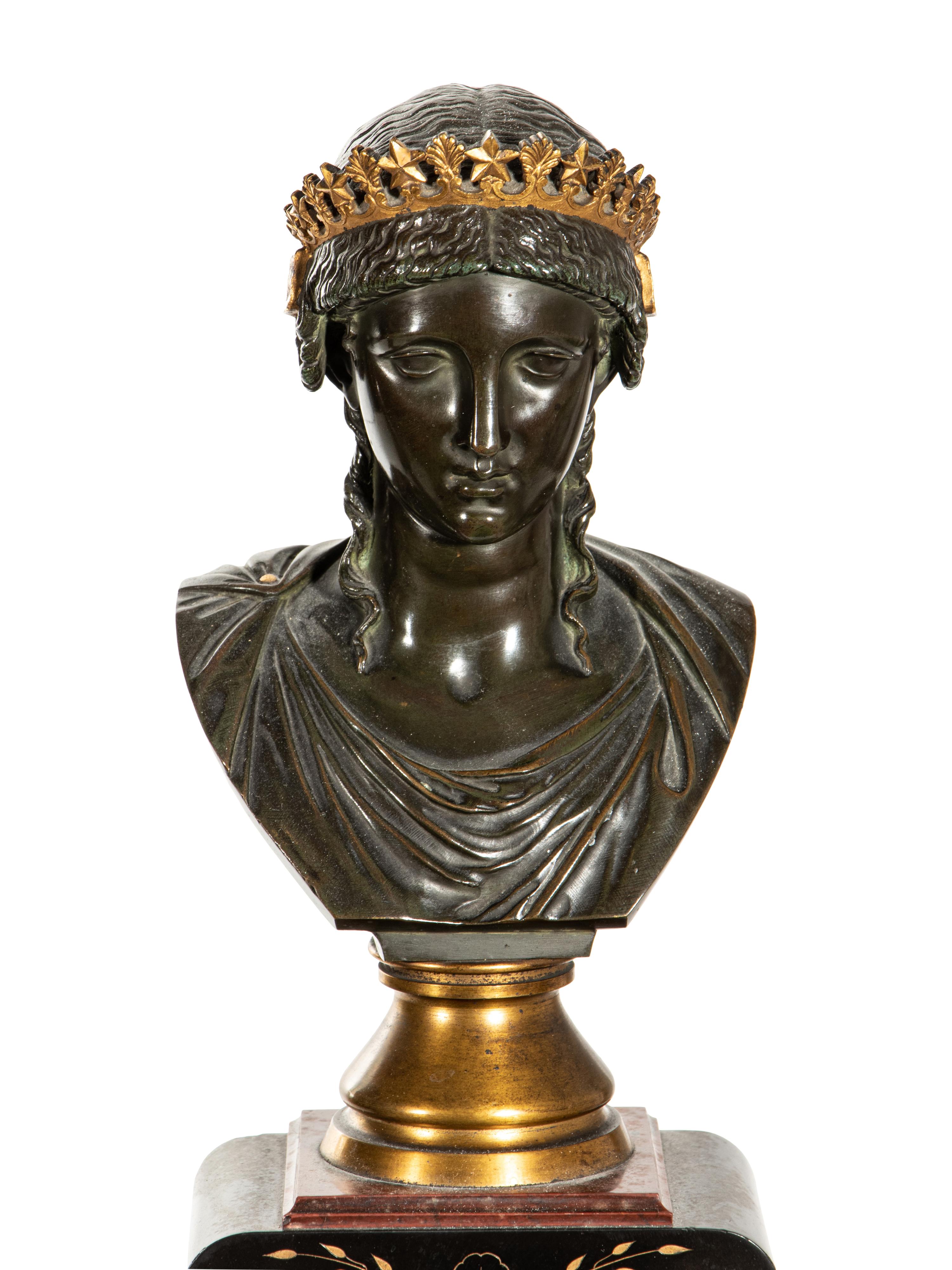 A Pair of French Bronze and Marble Busts by Pierre-Eugène-Émile Hébert (French, 1828-1893)