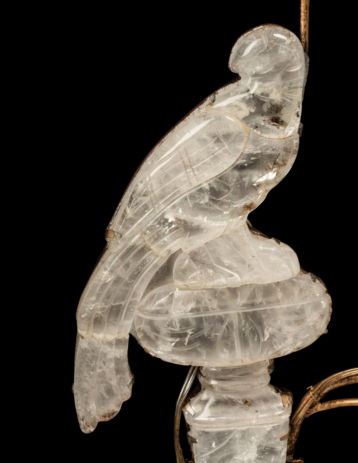 A Pair of Gilt Metal and Rock Crystal Two-Light Sconces